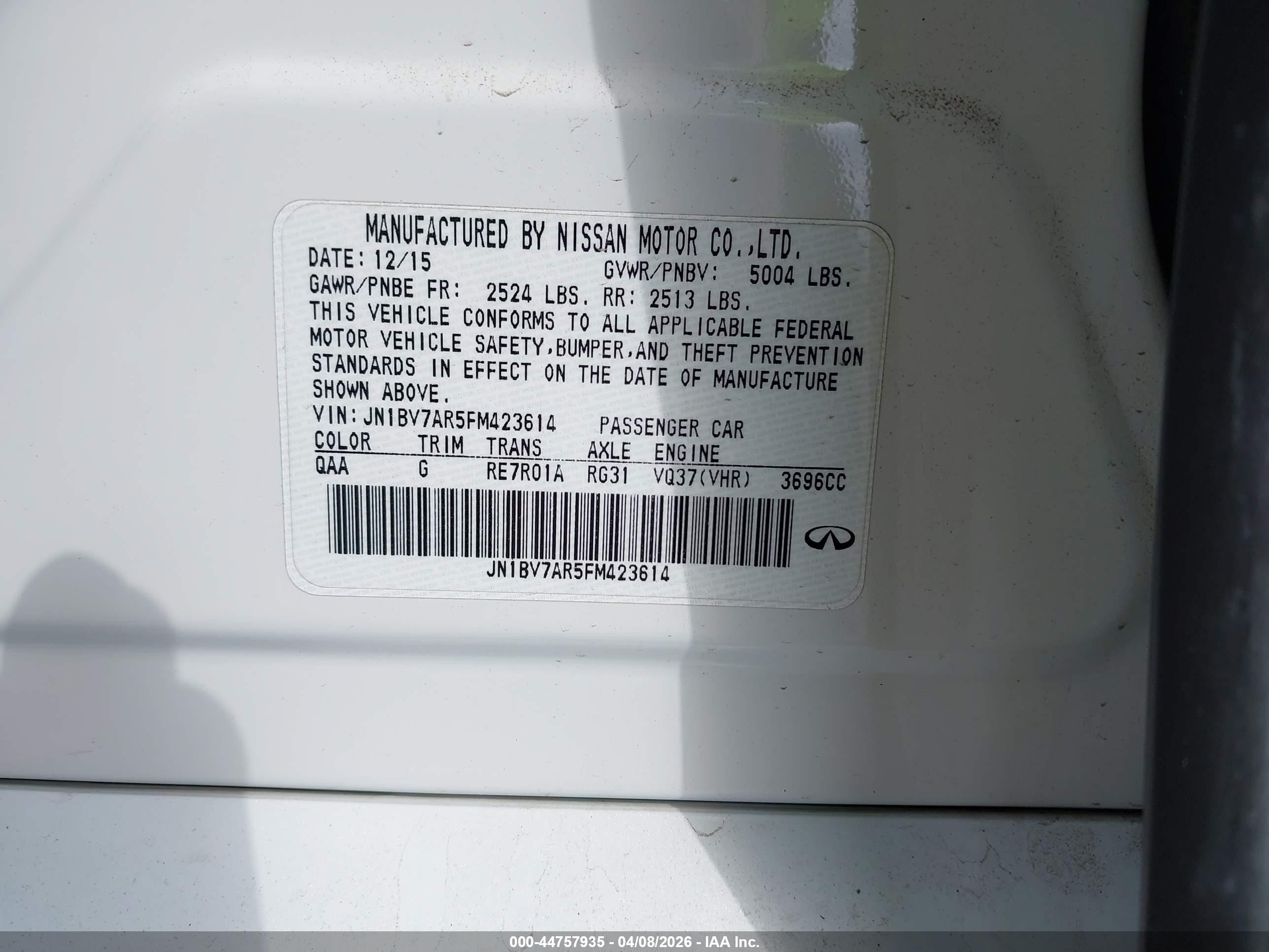 2015 Infiniti Q50 Premium Белый vin: JN1BV7AR5FM423614