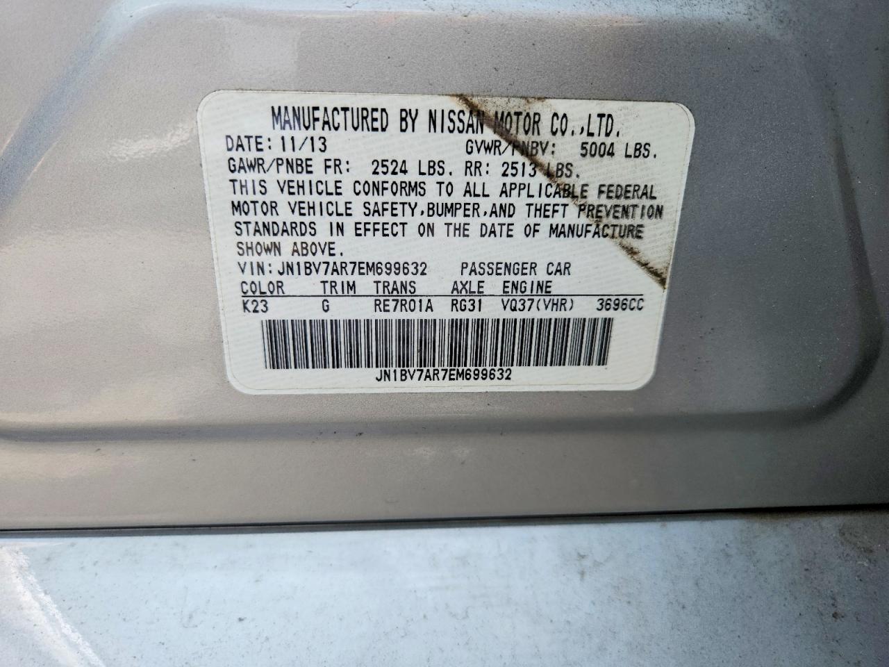 2014 Infiniti Q50 Premium Серебряный vin: JN1BV7AR7EM699632