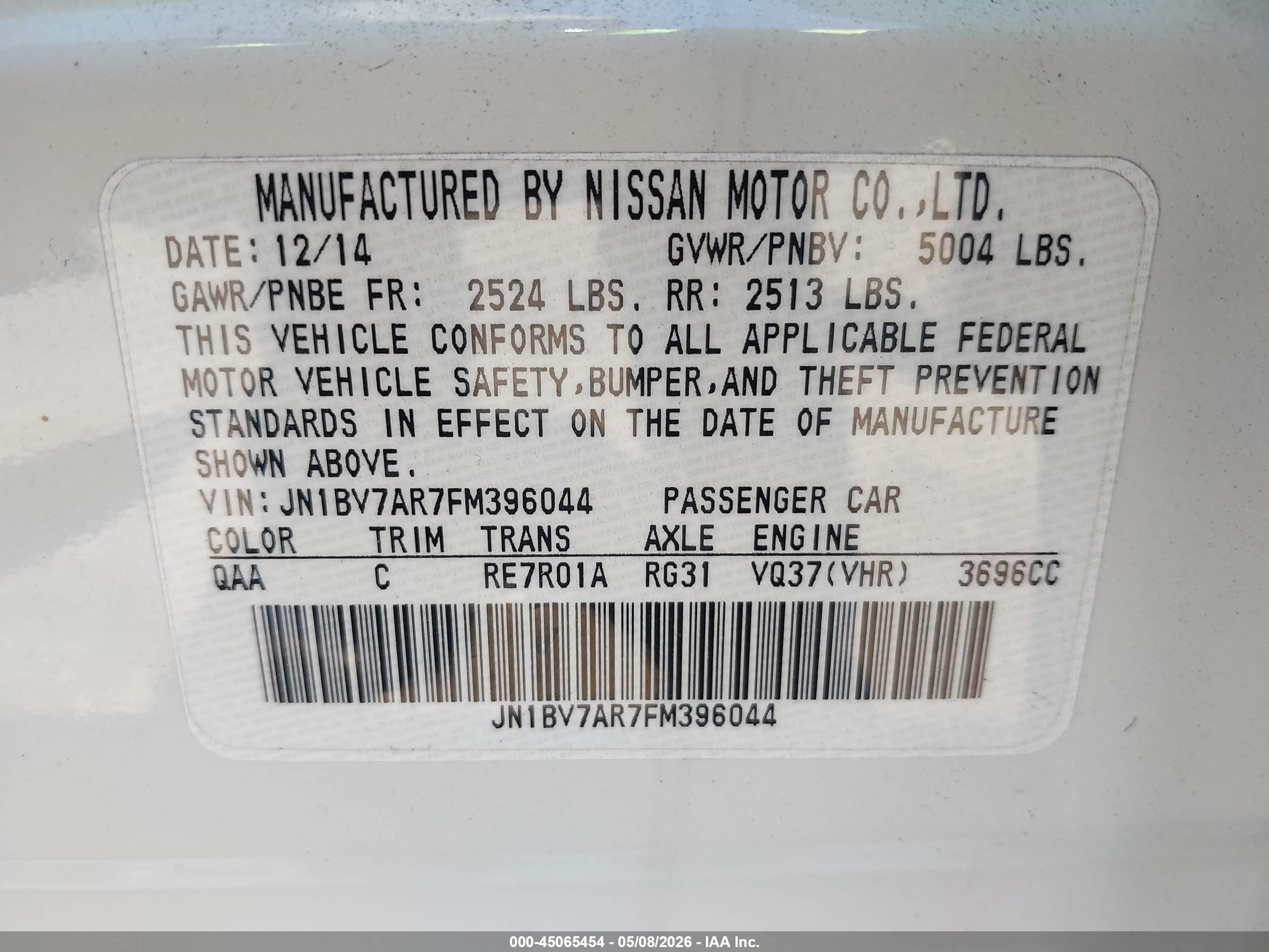 2015 Infiniti Q50 Premium Белый vin: JN1BV7AR7FM396044