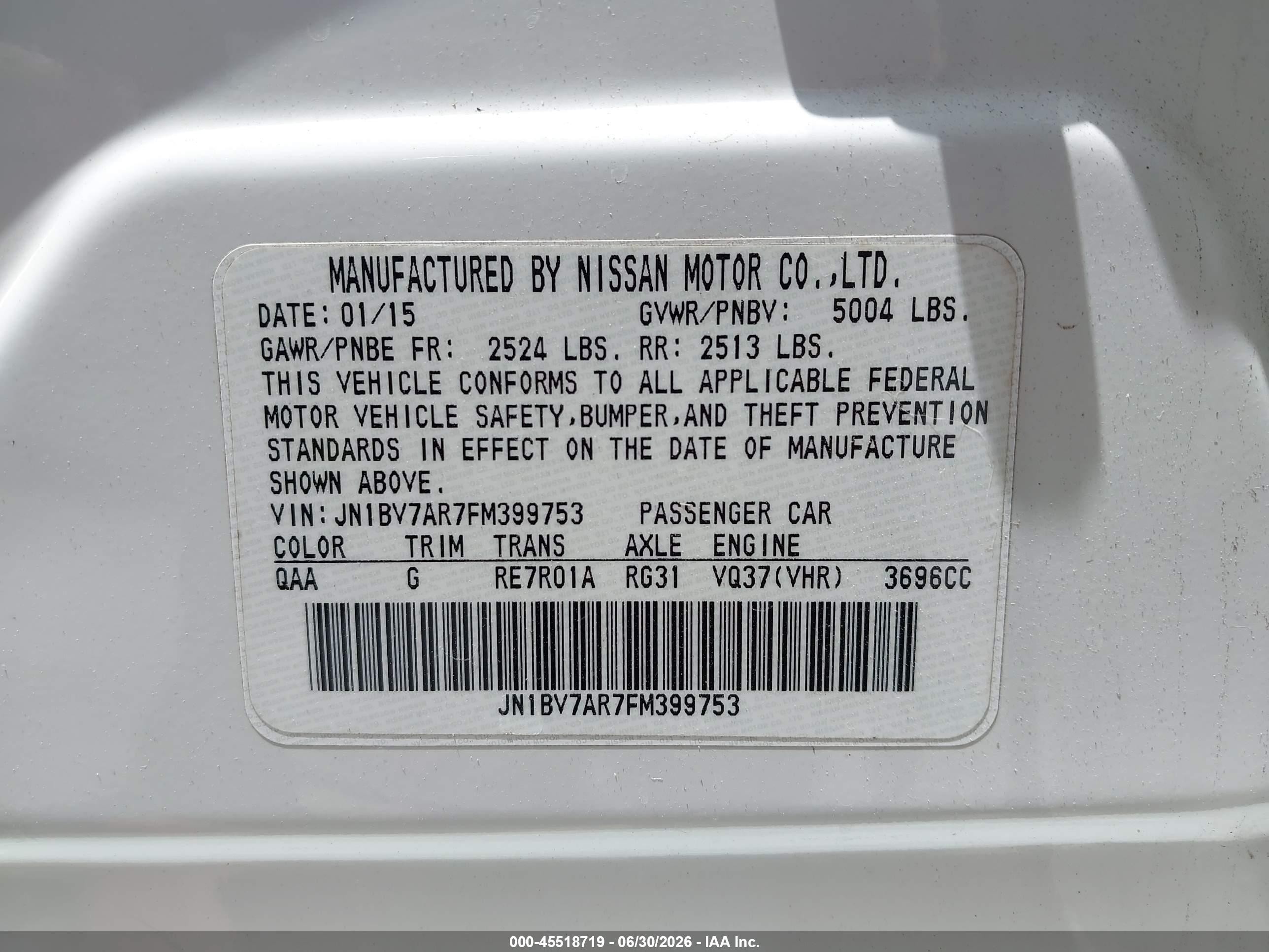 2015 Infiniti Q50 White vin: JN1BV7AR7FM399753