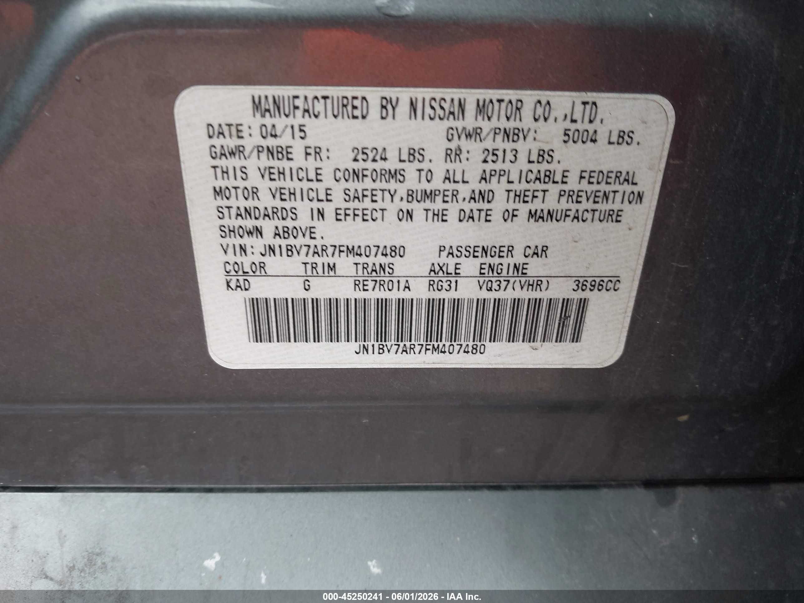 2015 Infiniti Q50 Premium Серый vin: JN1BV7AR7FM407480