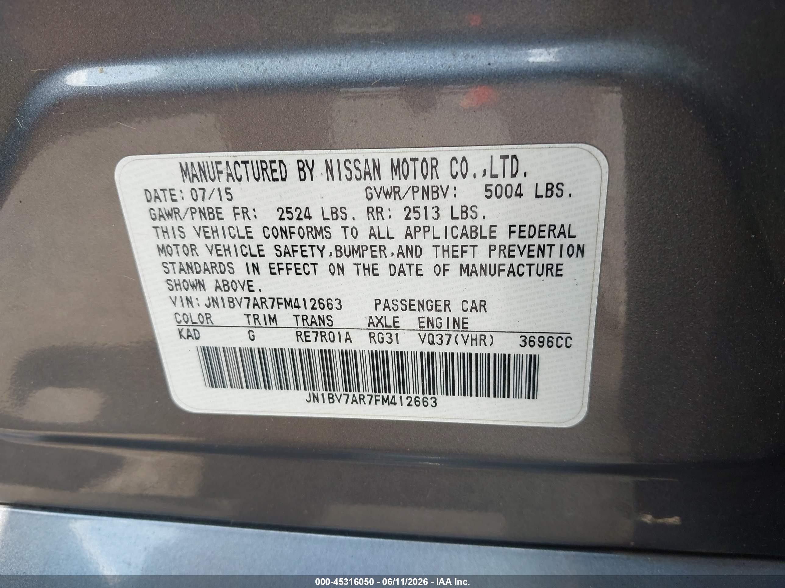 2015 Infiniti Q50   Gray vin: JN1BV7AR7FM412663