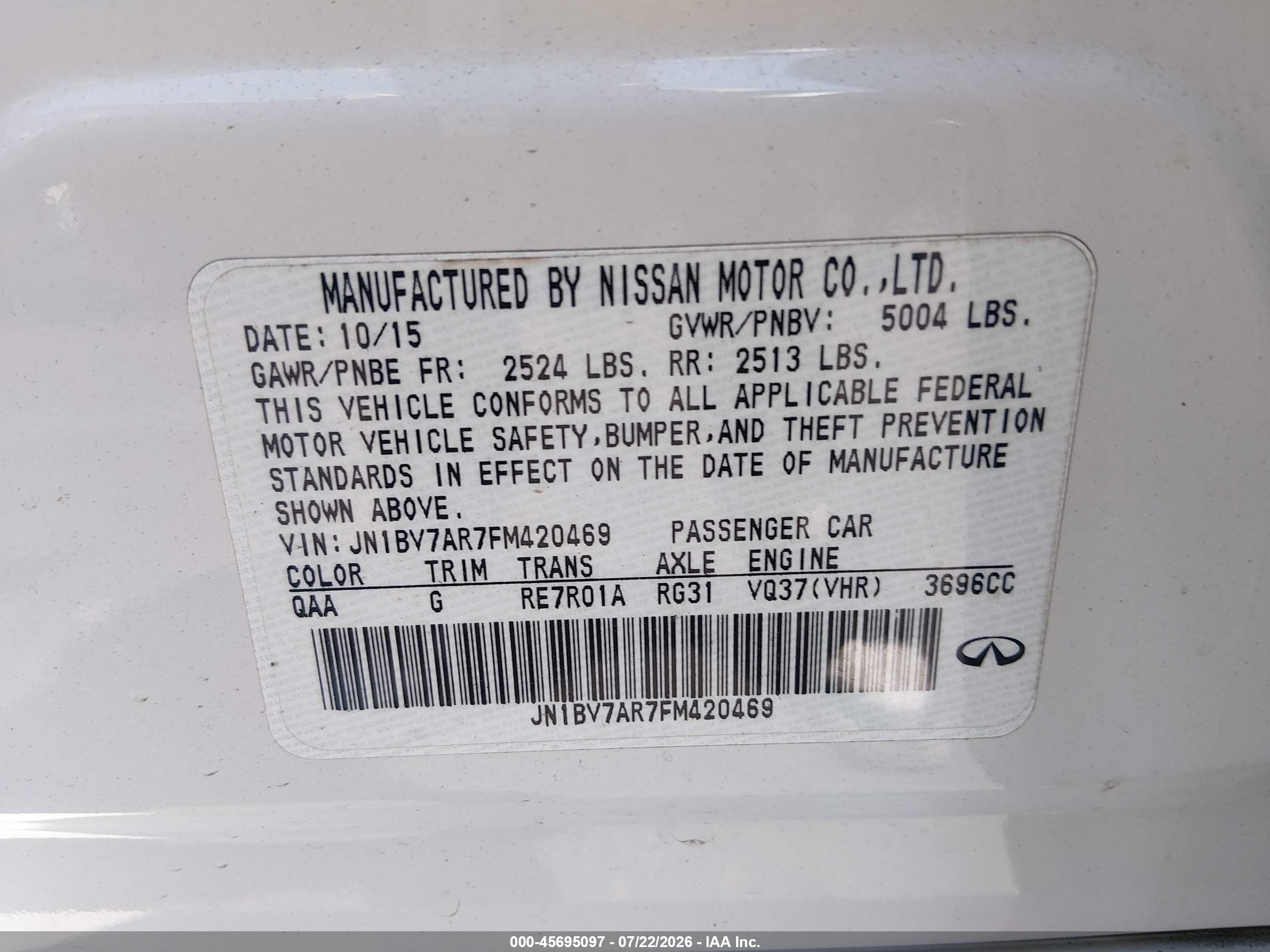 2015 Infiniti Q50   White vin: JN1BV7AR7FM420469