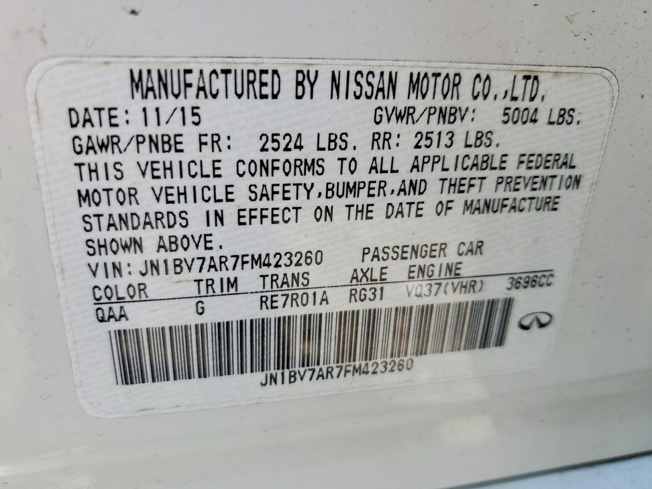 2015 Infiniti Q50 Premium White vin: JN1BV7AR7FM423260