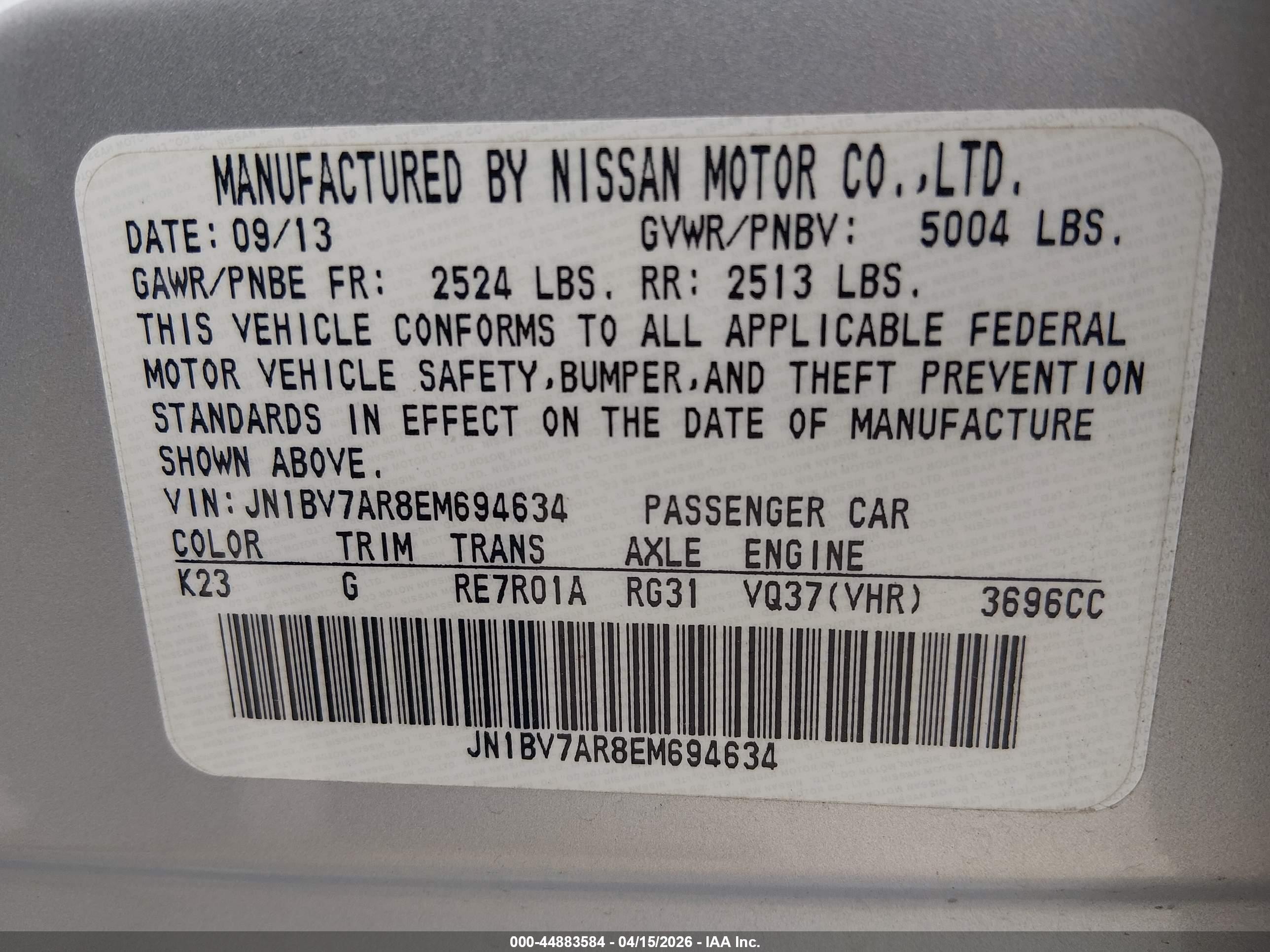 2014 Infiniti Q50 Premium Silver vin: JN1BV7AR8EM694634