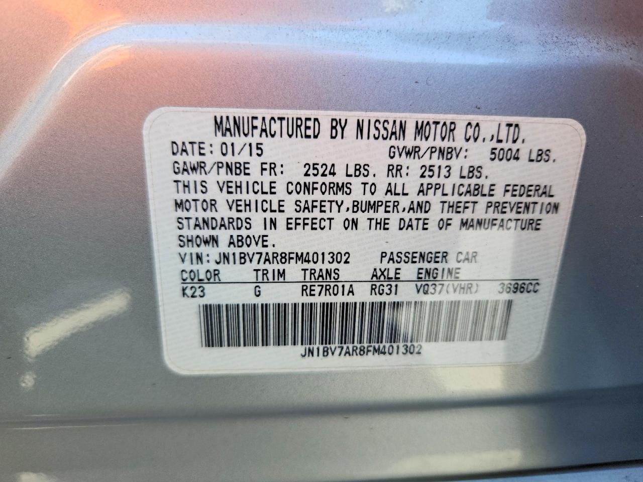 2015 Infiniti Q50 Premium Silver vin: JN1BV7AR8FM401302