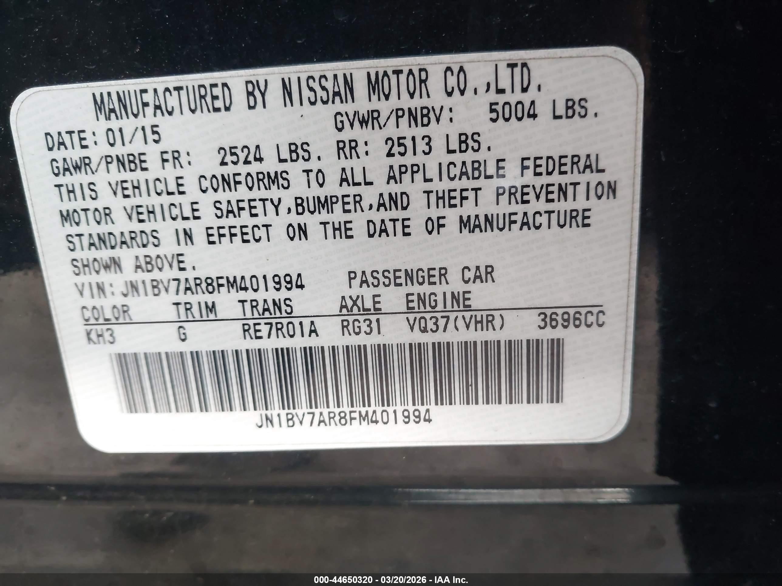 2015 Infiniti Q50 Premium Black vin: JN1BV7AR8FM401994