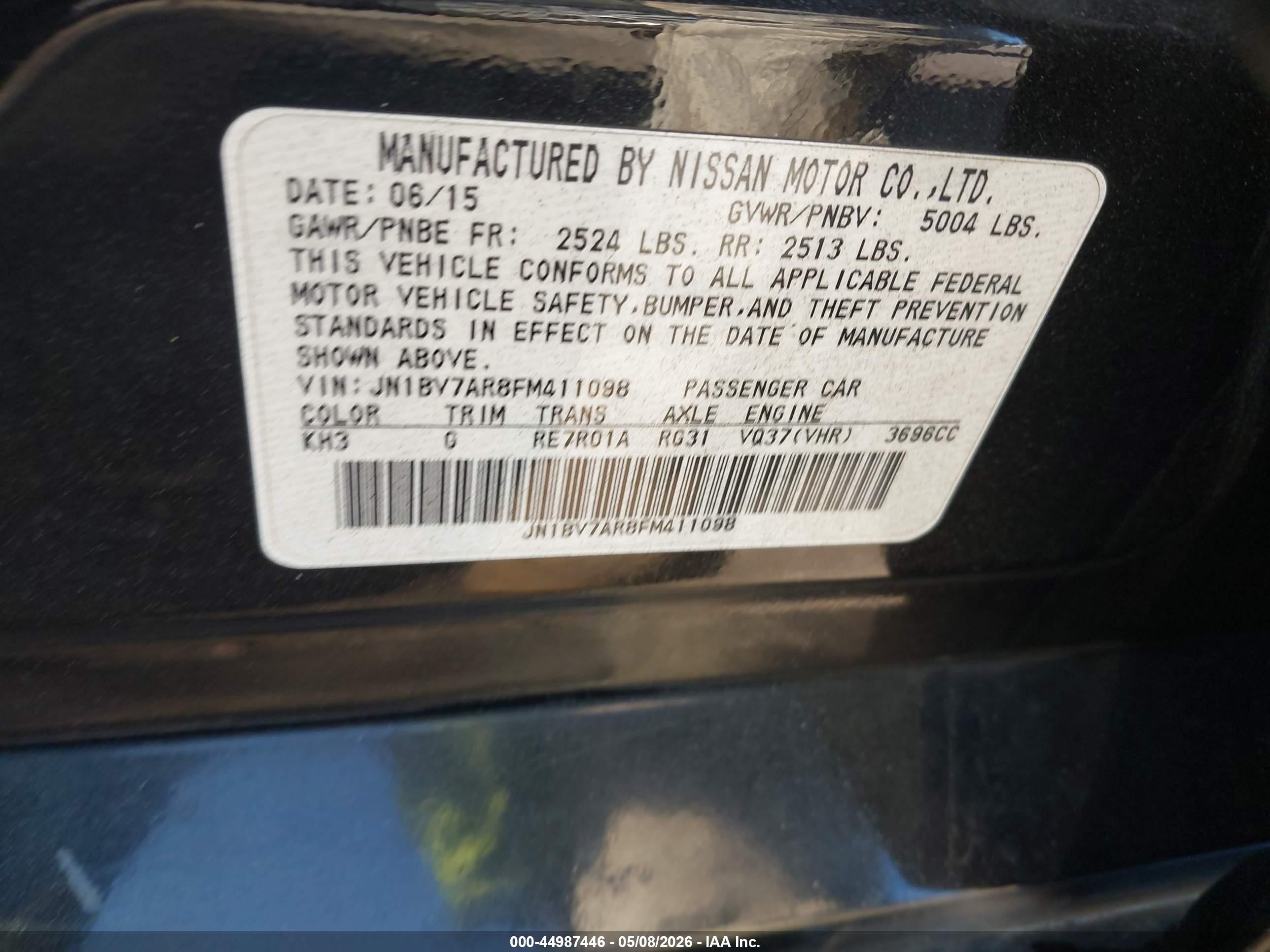 2015 Infiniti Q50   Черный vin: JN1BV7AR8FM411098