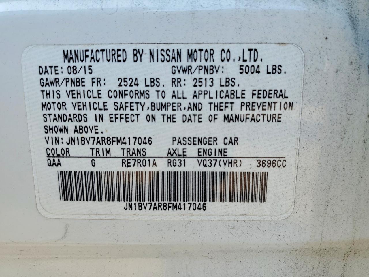 2015 Infiniti Q50 Sport White vin: JN1BV7AR8FM417046