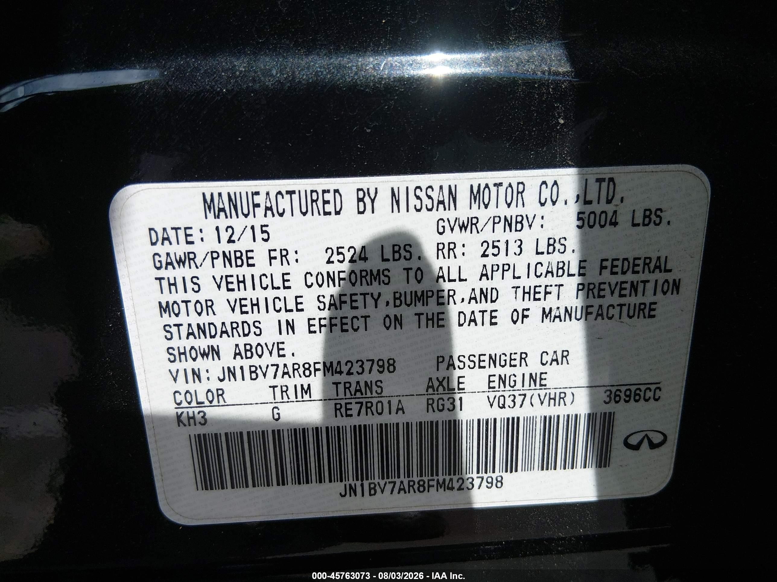 2015 Infiniti Q50   Black vin: JN1BV7AR8FM423798