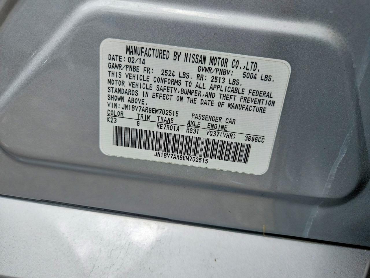 2014 Infiniti Q50 Premium Silver vin: JN1BV7AR9EM702515