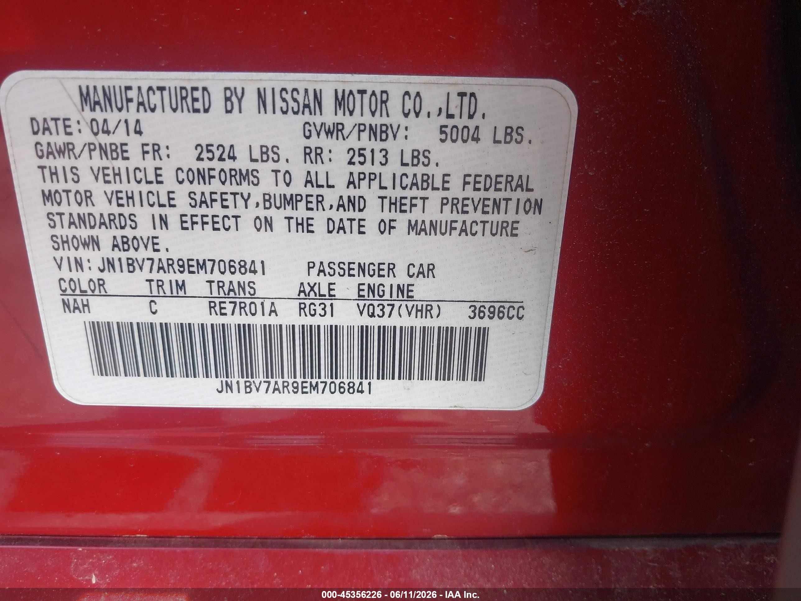 2014 Infiniti Q50 Premium Red vin: JN1BV7AR9EM706841