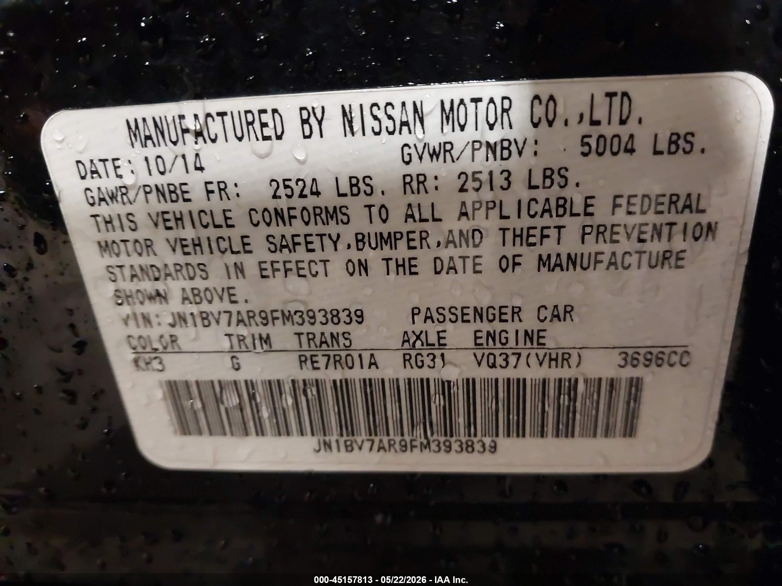 2015 Infiniti Q50 Sport Black vin: JN1BV7AR9FM393839