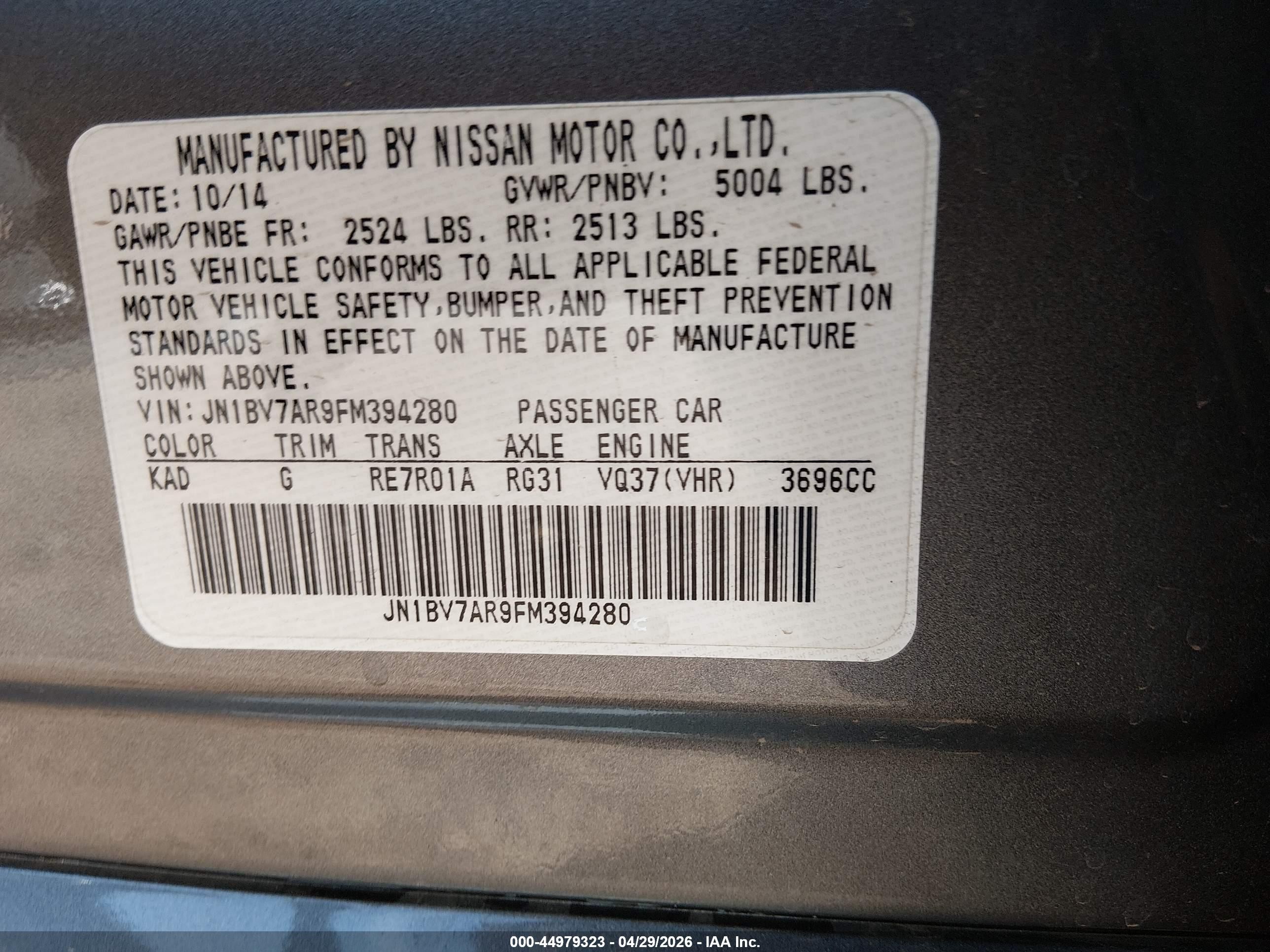 2015 Infiniti Q50 Premium Серый vin: JN1BV7AR9FM394280