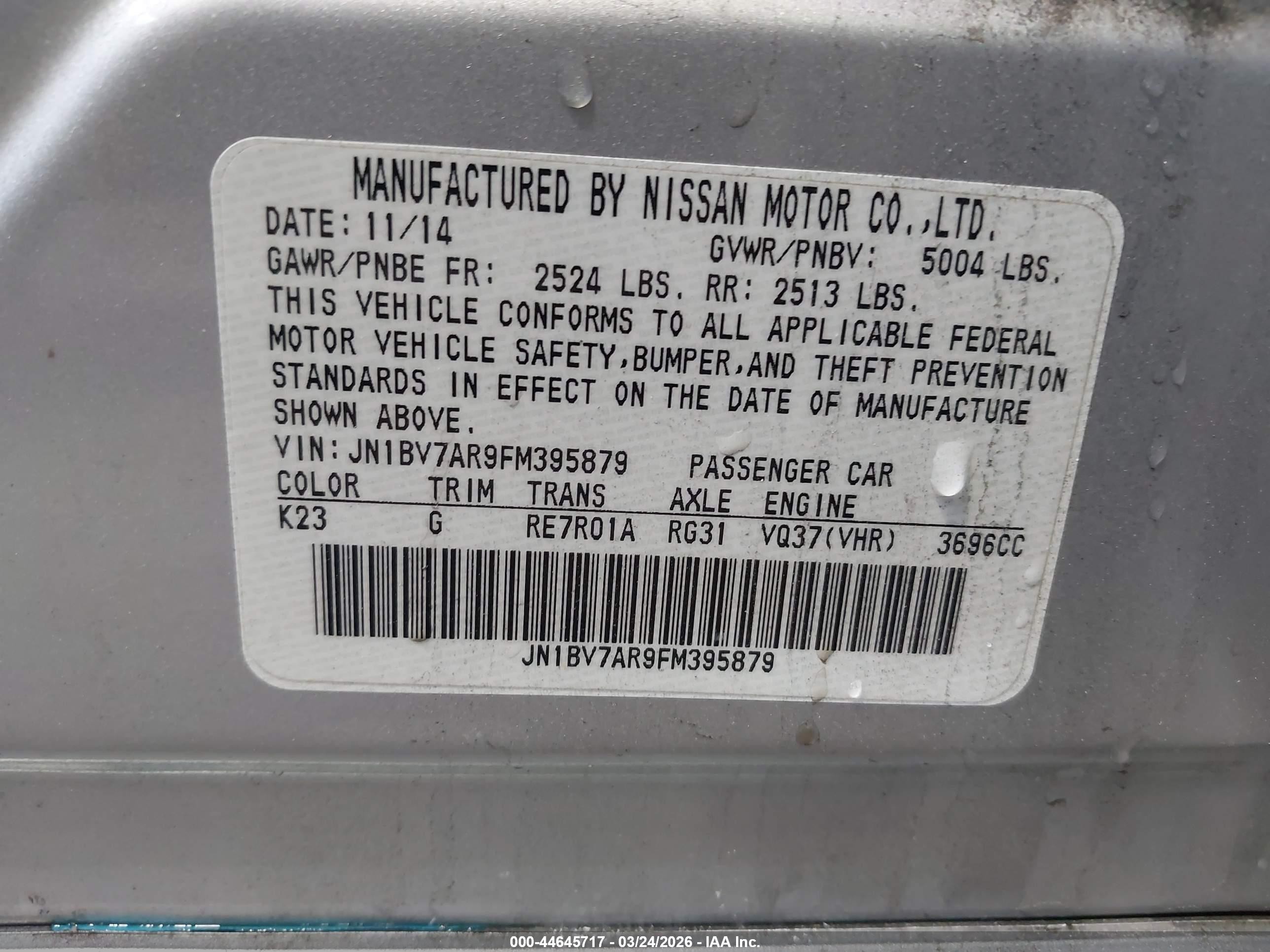 2015 Infiniti Q50 Premium/sport Gray vin: JN1BV7AR9FM395879