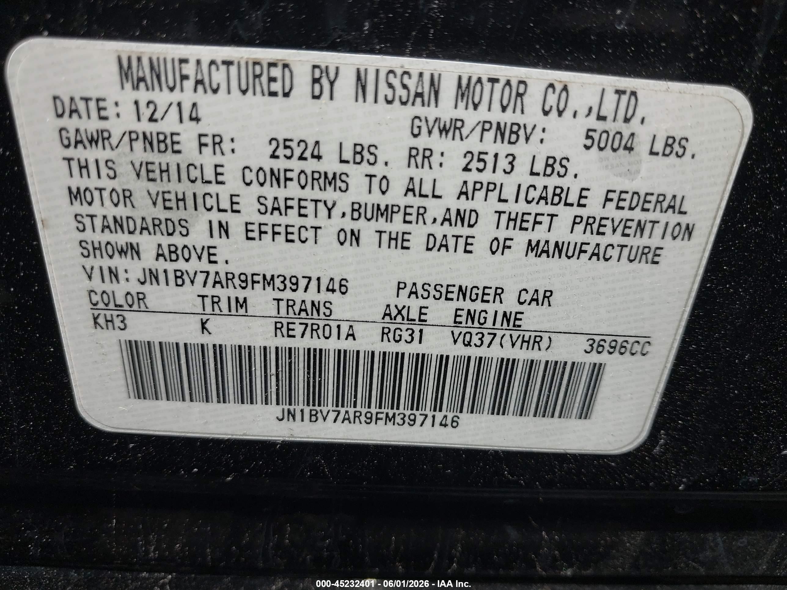 2015 Infiniti Q50   Black vin: JN1BV7AR9FM397146
