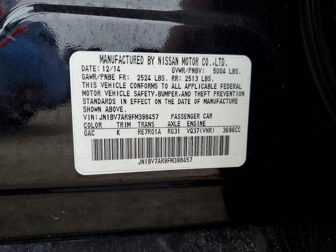 2015 Infiniti Q50 Base Black vin: JN1BV7AR9FM398457
