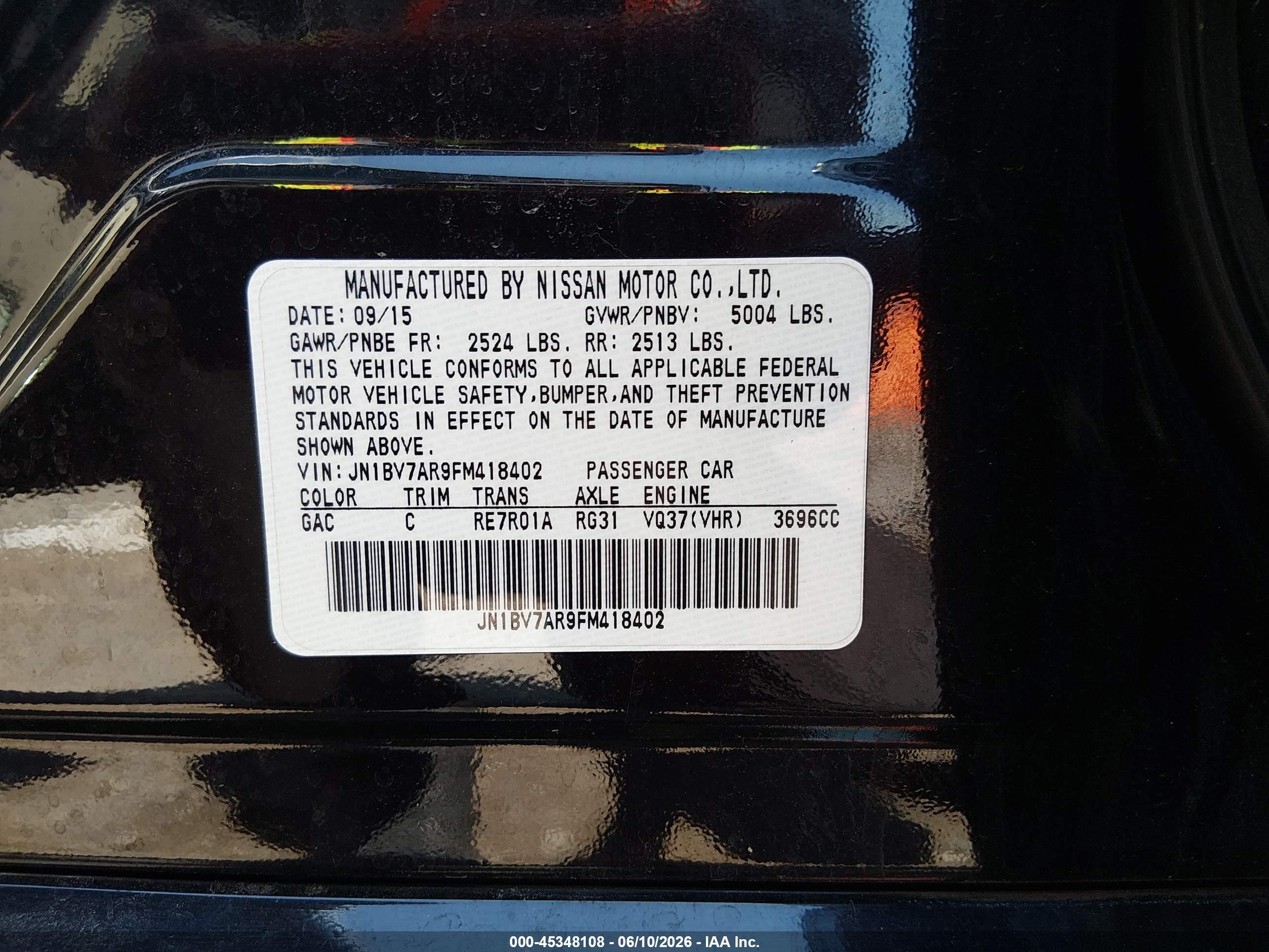 2015 Infiniti Q50 Premium Black vin: JN1BV7AR9FM418402