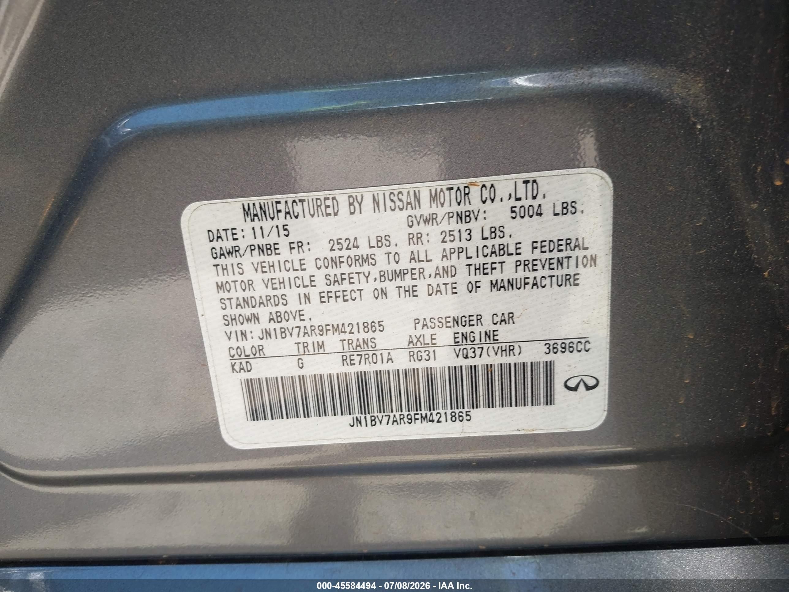 2015 Infiniti Q50 Premium Gray vin: JN1BV7AR9FM421865