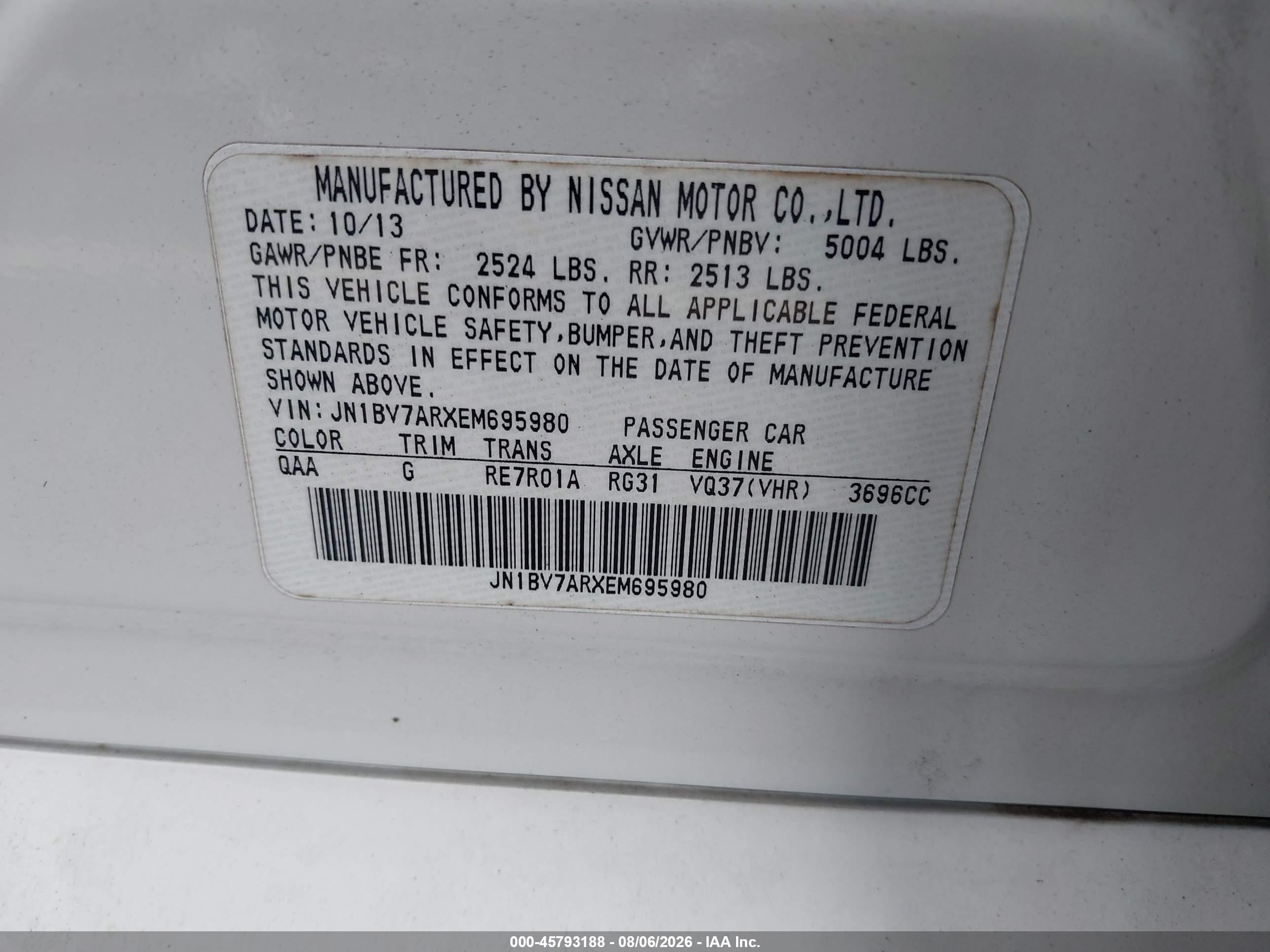 2014 Infiniti Q50 Premium White vin: JN1BV7ARXEM695980