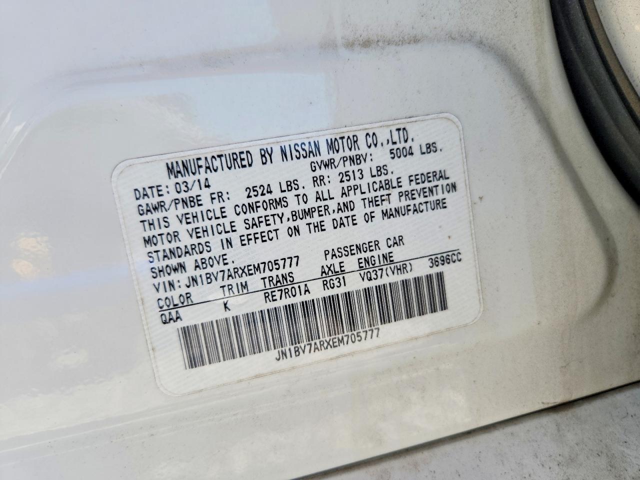2014 Infiniti Q50 Premium White vin: JN1BV7ARXEM705777