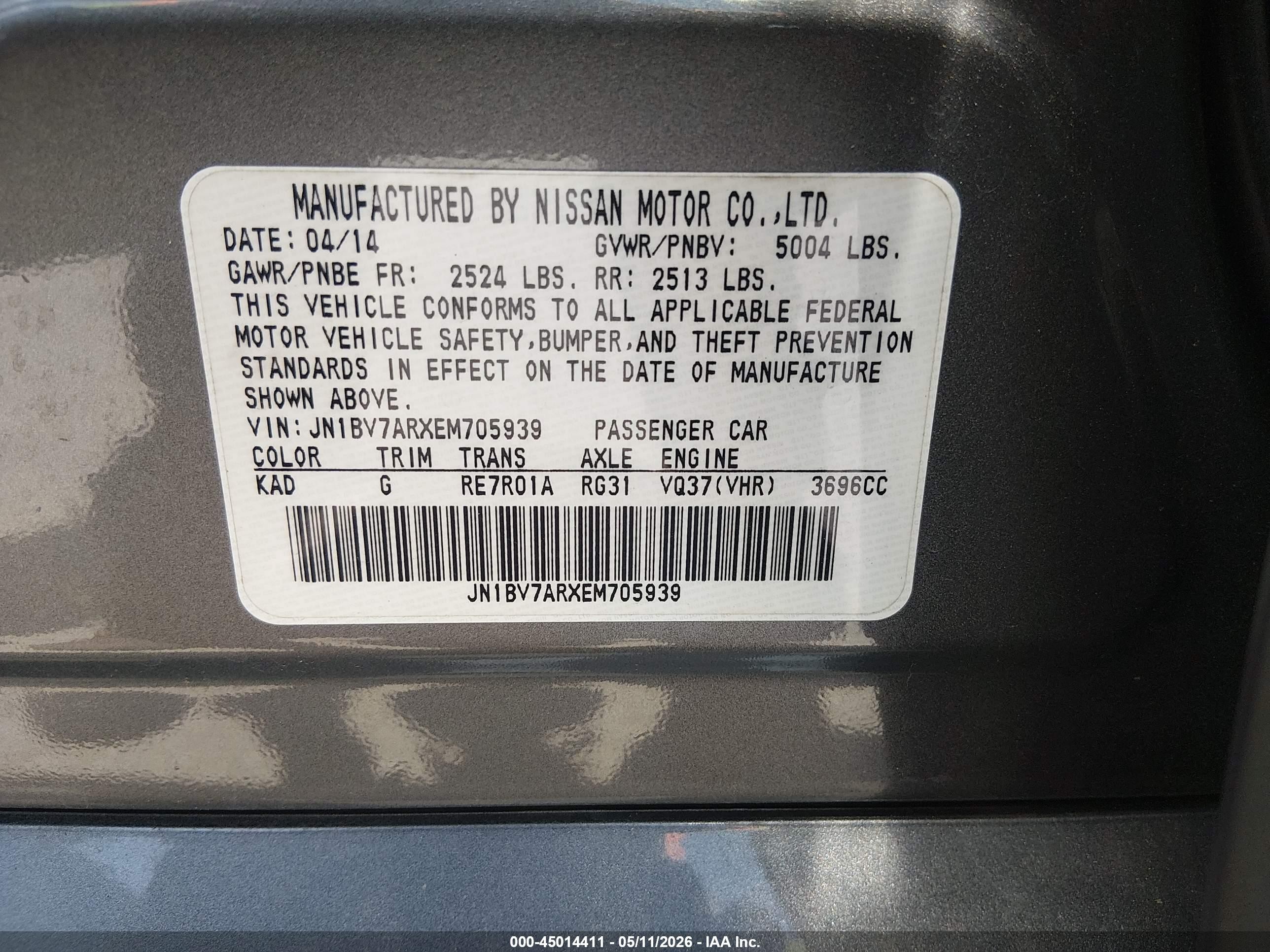 2014 Infiniti Q50 Sport Gray vin: JN1BV7ARXEM705939