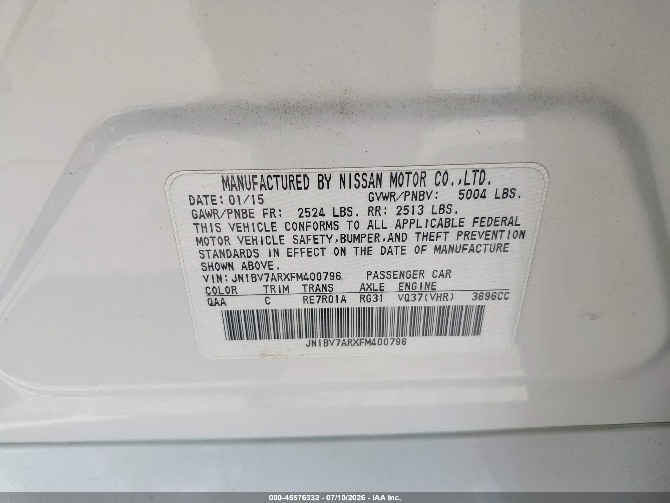 2015 Infiniti Q50 Premium White vin: JN1BV7ARXFM400796