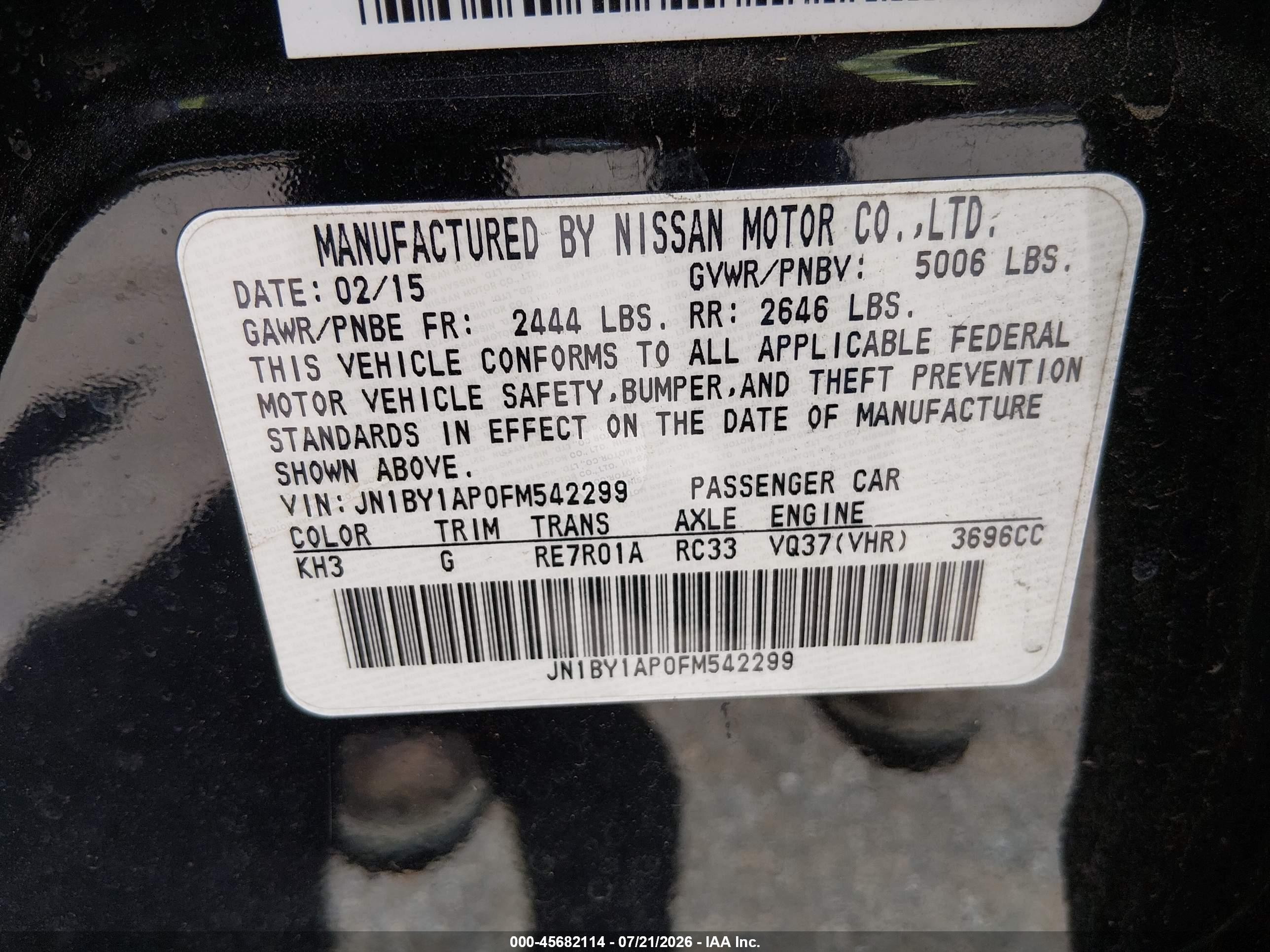 2015 Infiniti Q70 3.7 Black vin: JN1BY1AP0FM542299