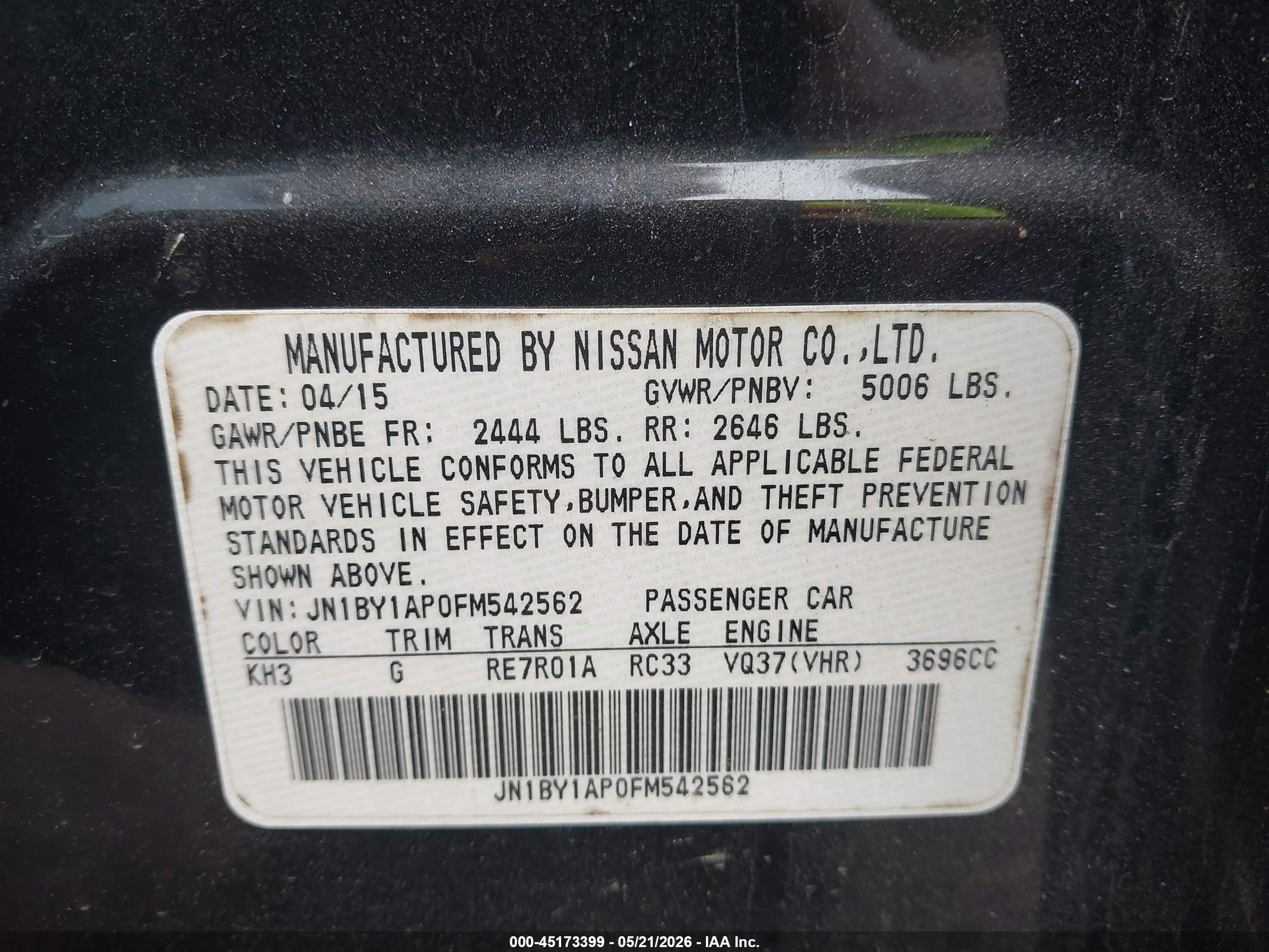 2015 Infiniti Q70 3.7 Черный vin: JN1BY1AP0FM542562