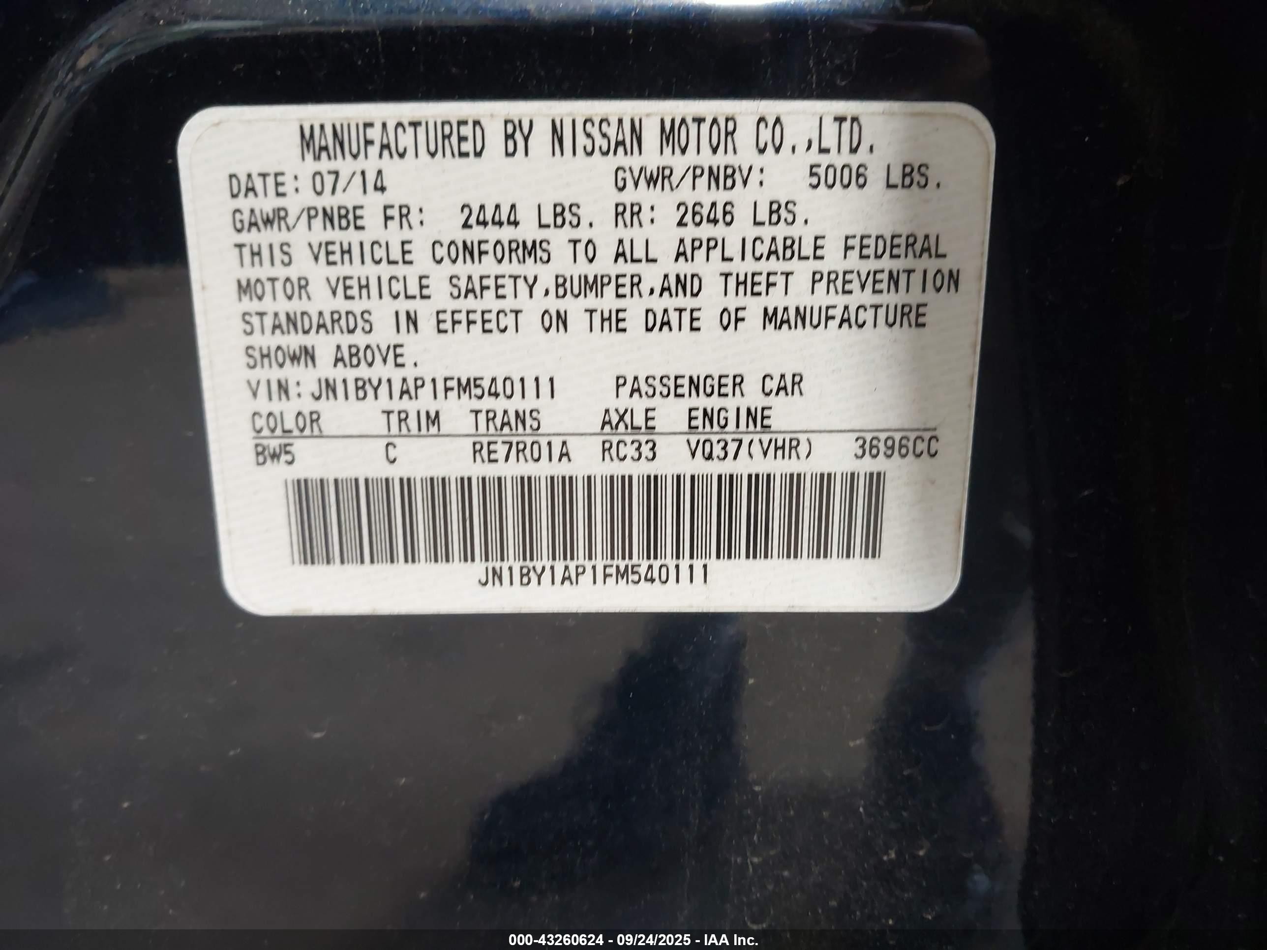 2015 Infiniti Q70 3.7 Blue vin: JN1BY1AP1FM540111