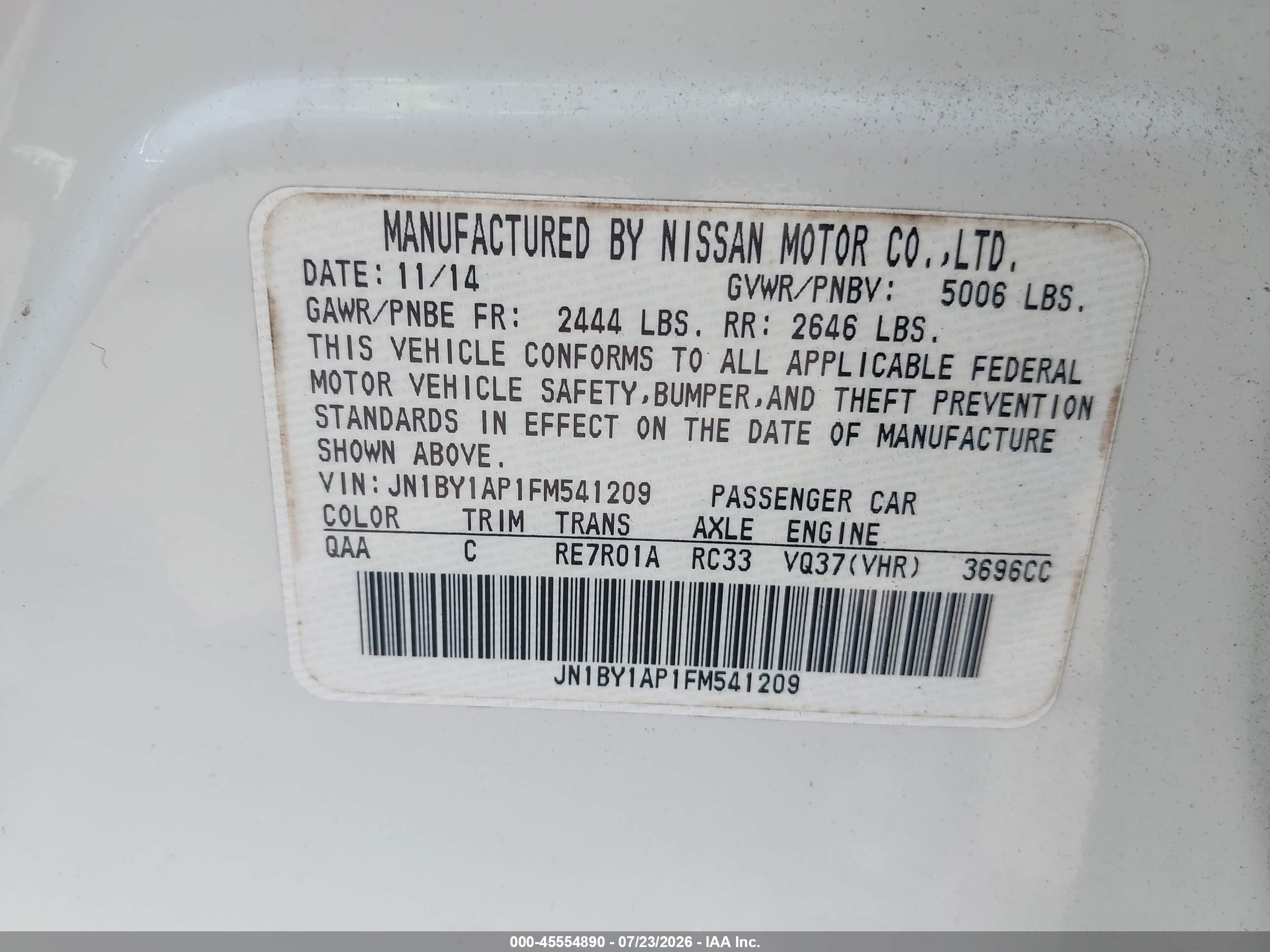 2015 Infiniti Q70 3.7 White vin: JN1BY1AP1FM541209