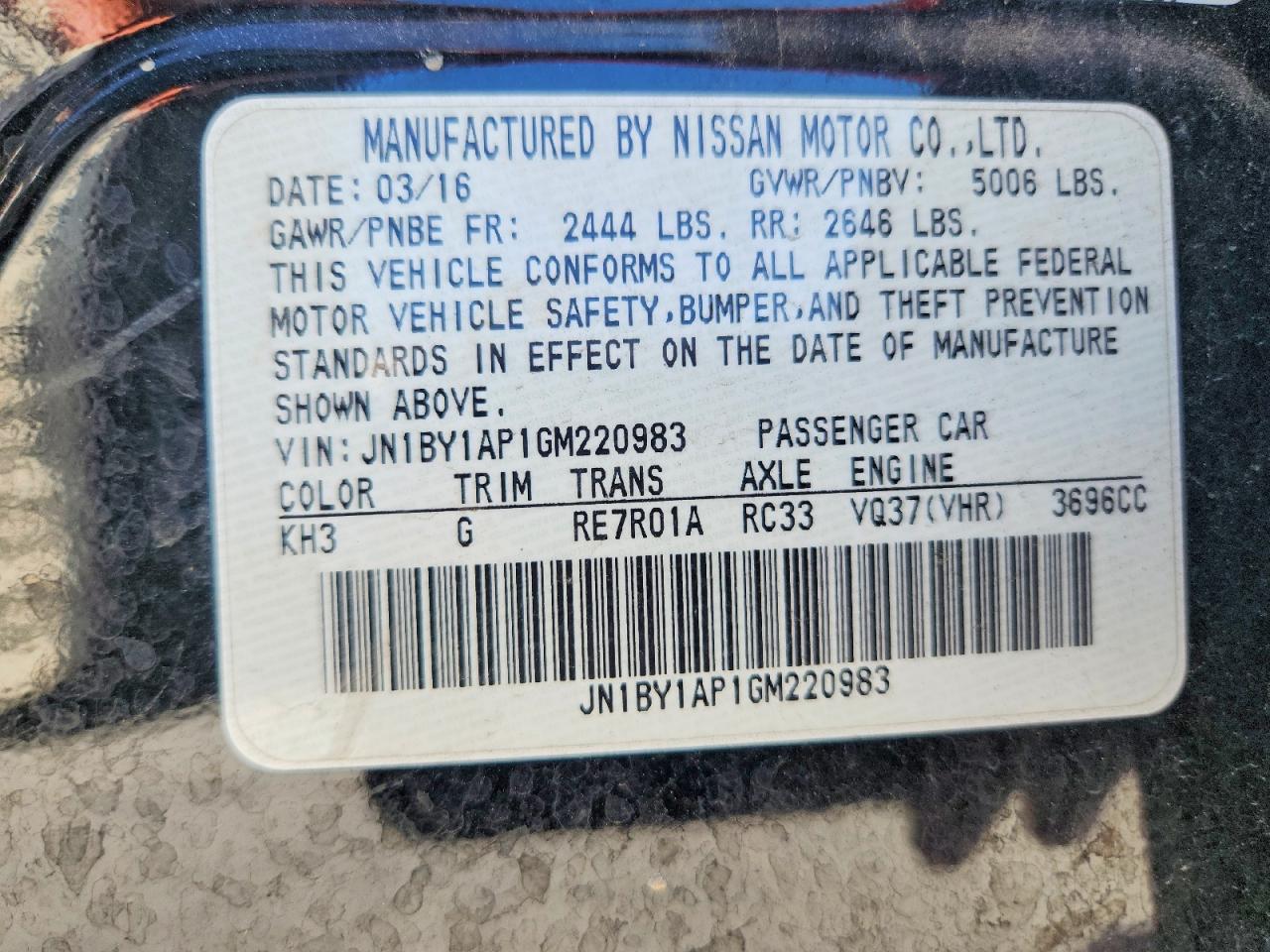 2016 Infiniti Q70 3.7 Black vin: JN1BY1AP1GM220983