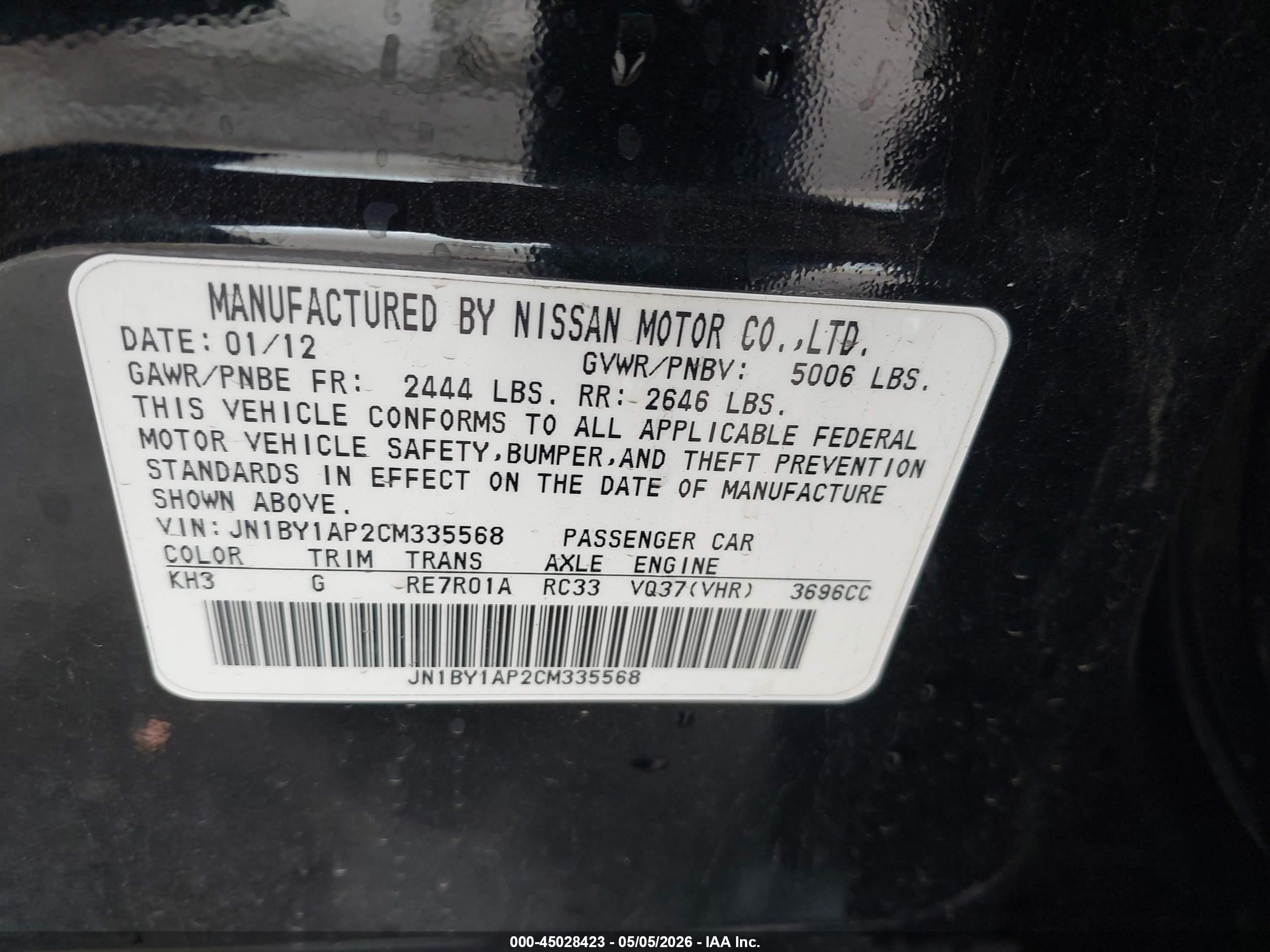 2012 Infiniti M37   Black vin: JN1BY1AP2CM335568