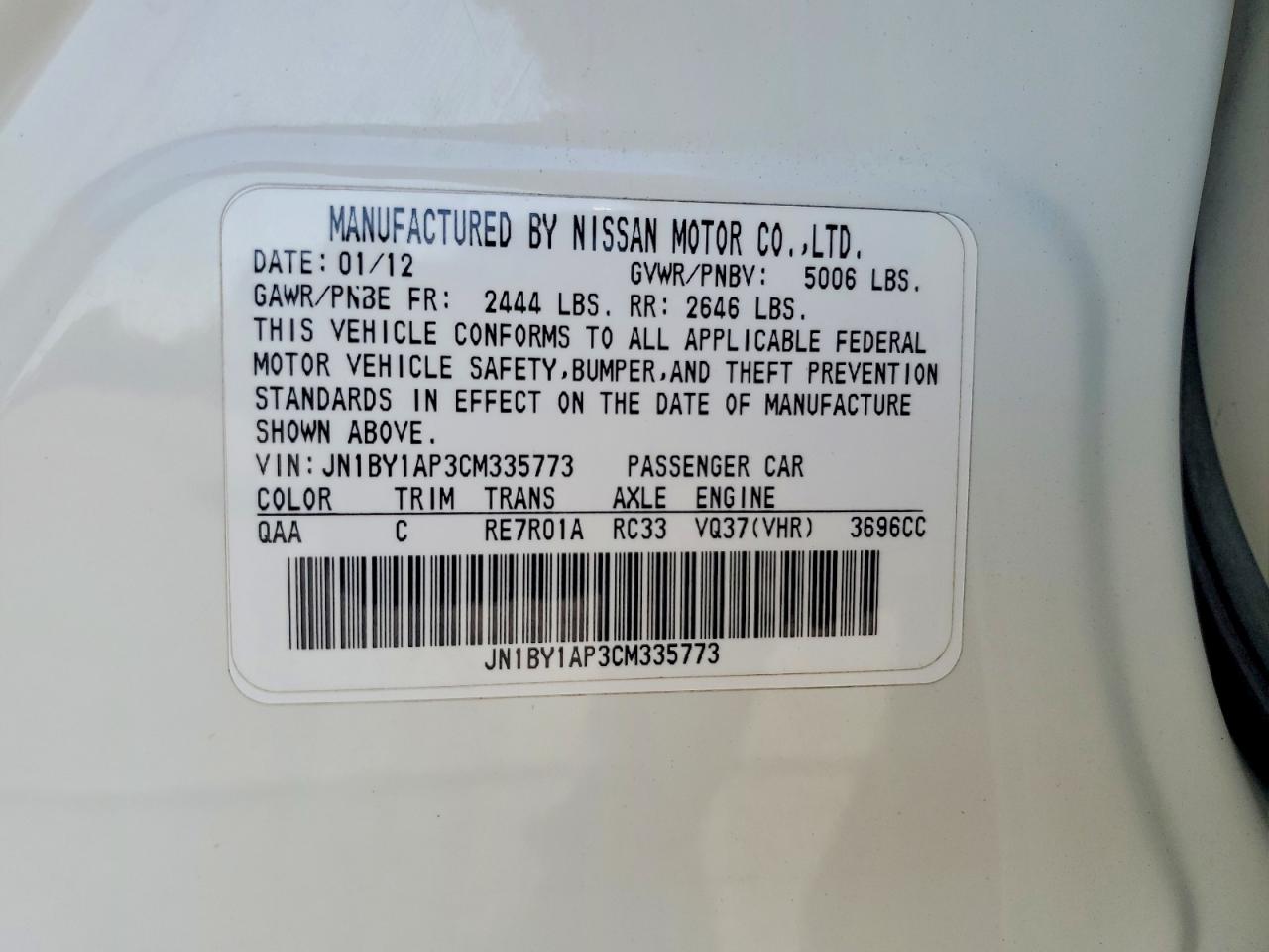 2012 Infiniti M37 Base White vin: JN1BY1AP3CM335773