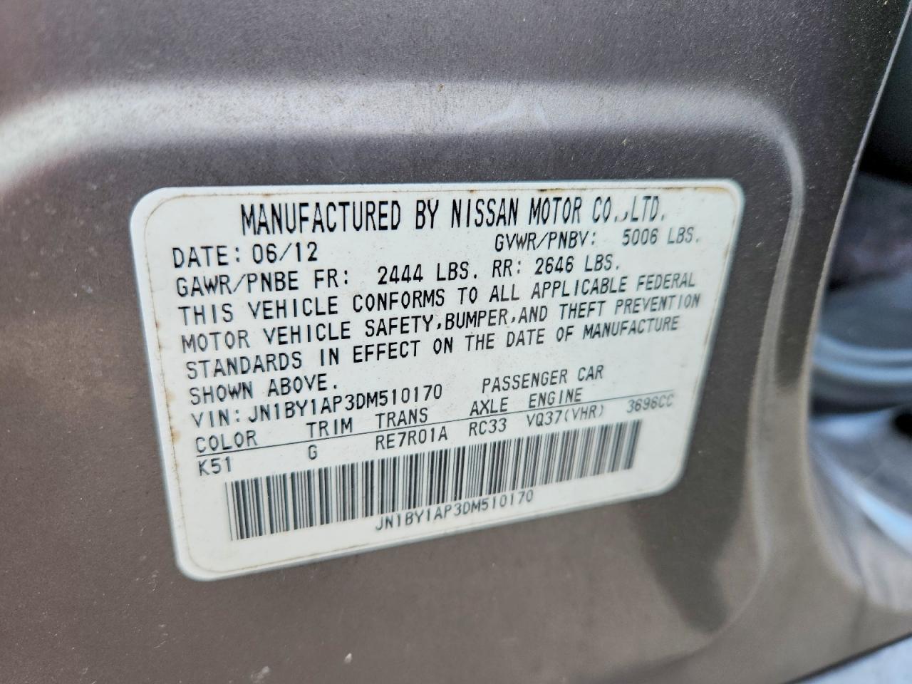 2013 Infiniti M37 Base Gray vin: JN1BY1AP3DM510170