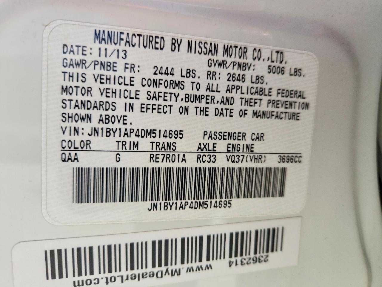 2013 Infiniti M37 Base Белый vin: JN1BY1AP4DM514695