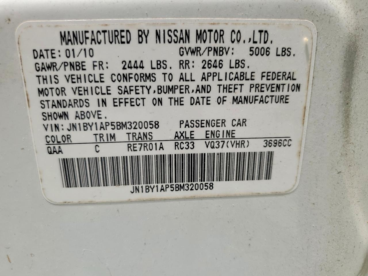 2011 Infiniti M37 Base White vin: JN1BY1AP5BM320058