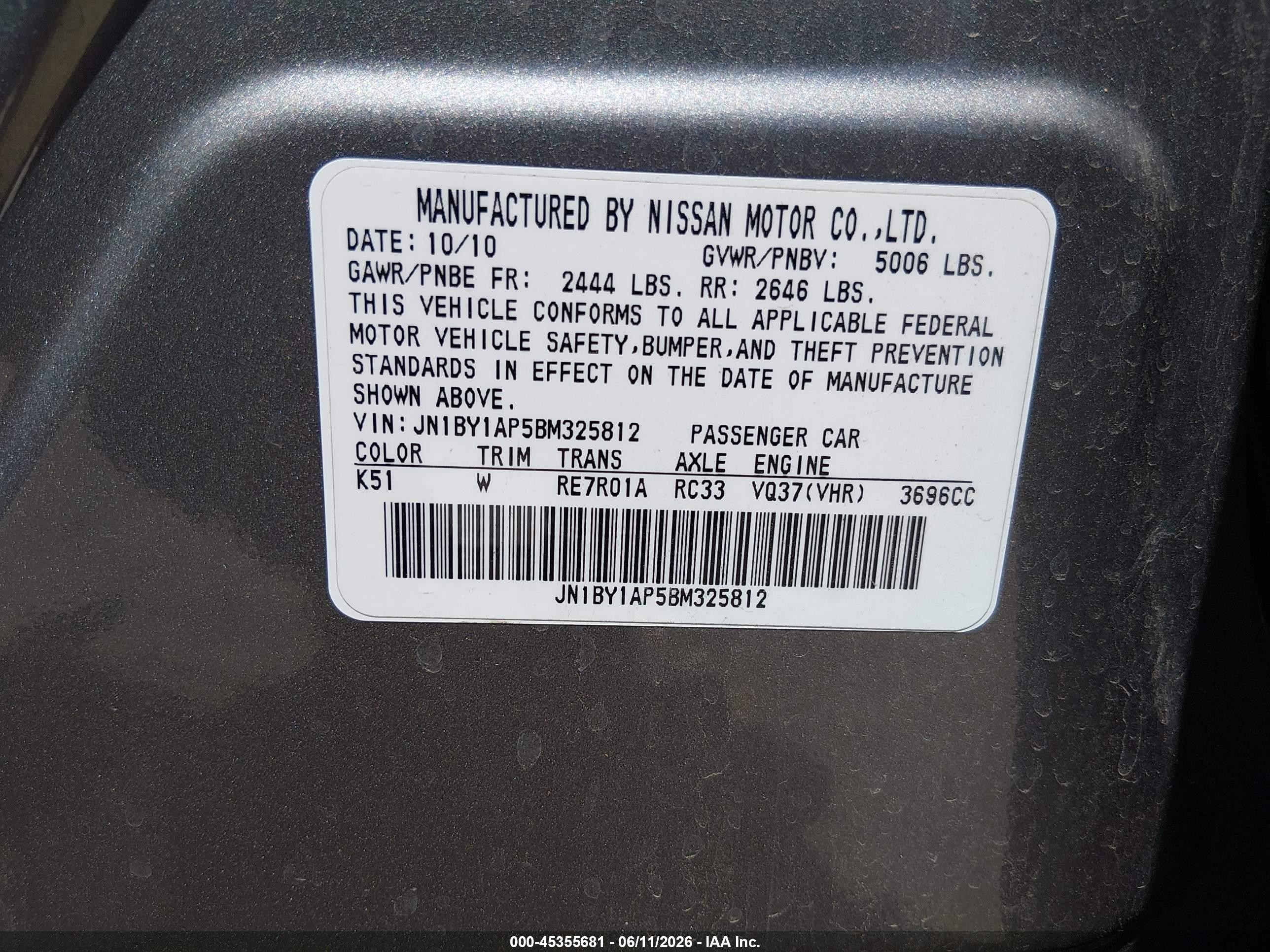 2011 Infiniti M37 Silver vin: JN1BY1AP5BM325812