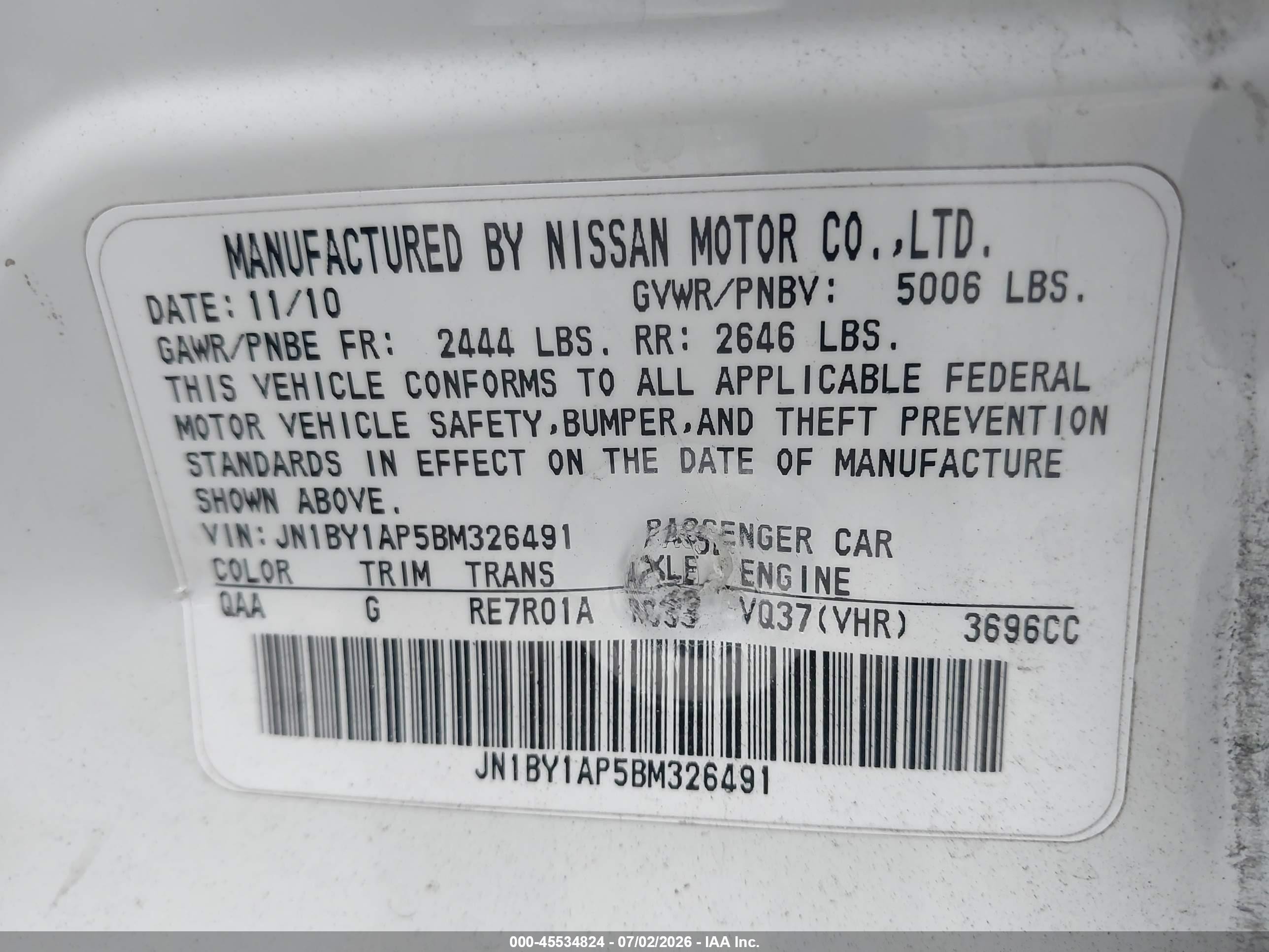 2011 Infiniti M37   White vin: JN1BY1AP5BM326491
