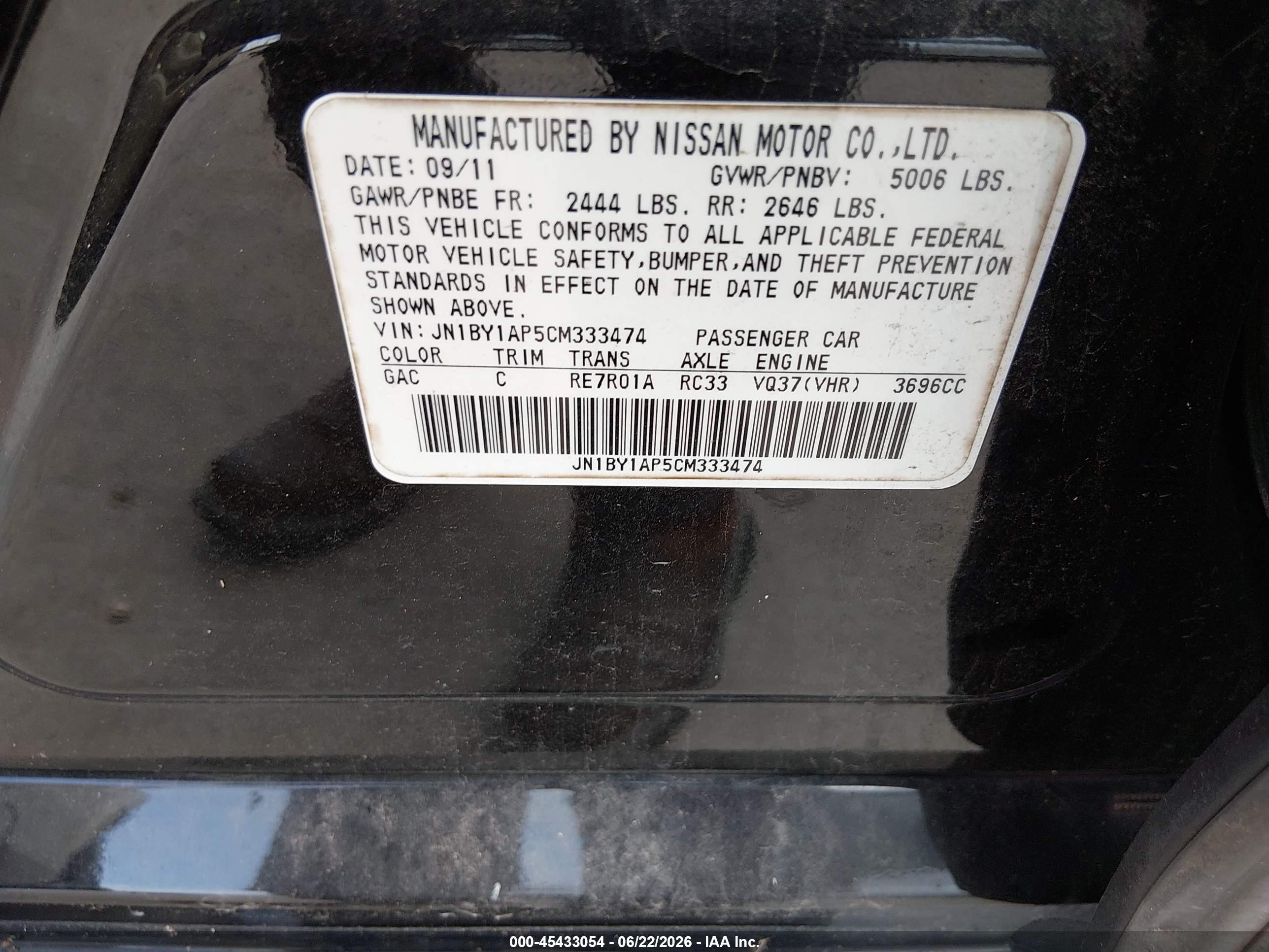 2012 Infiniti M37   Black vin: JN1BY1AP5CM333474