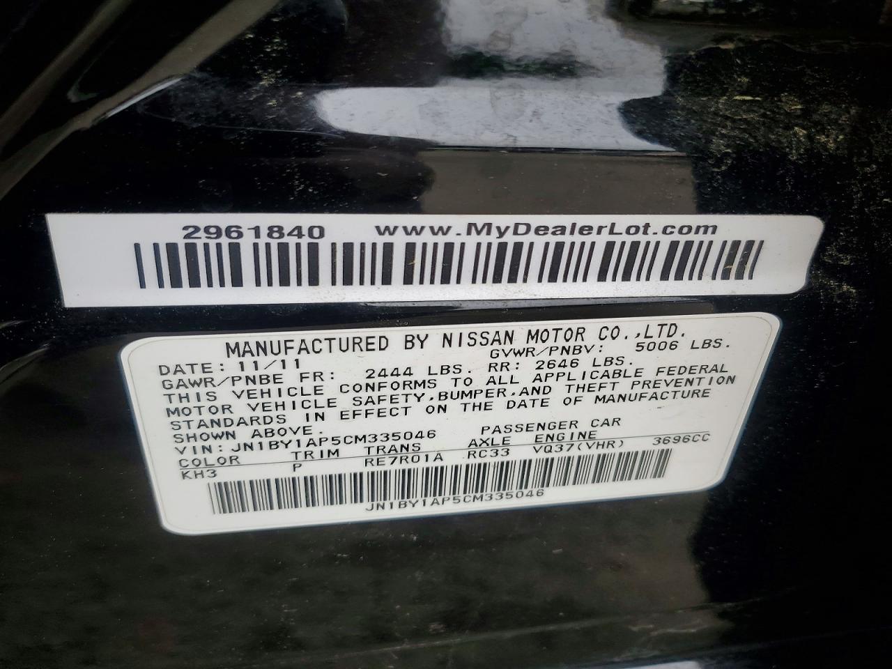 2012 Infiniti M37 Base Black vin: JN1BY1AP5CM335046