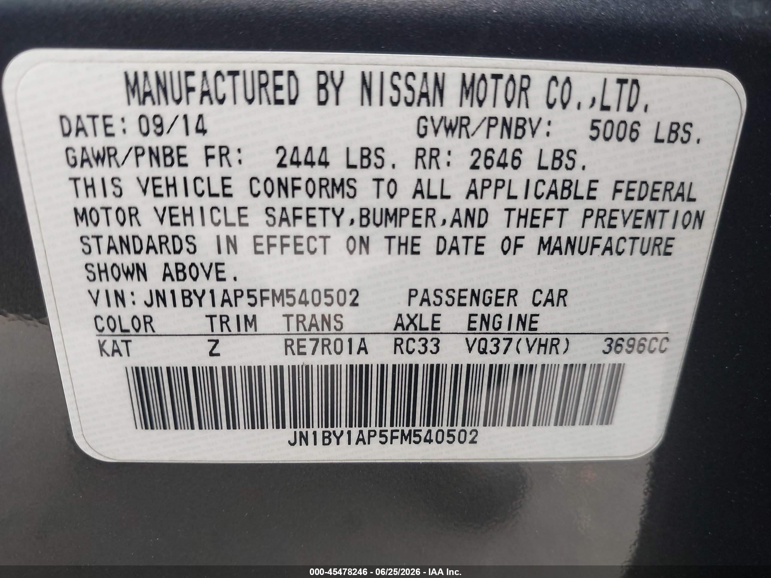 2015 Infiniti Q70 3.7 Gray vin: JN1BY1AP5FM540502