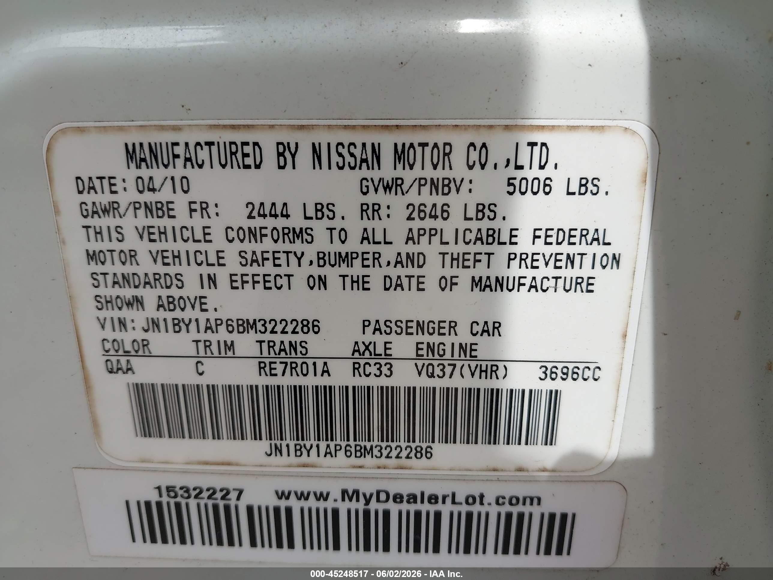 2011 Infiniti M37   White vin: JN1BY1AP6BM322286