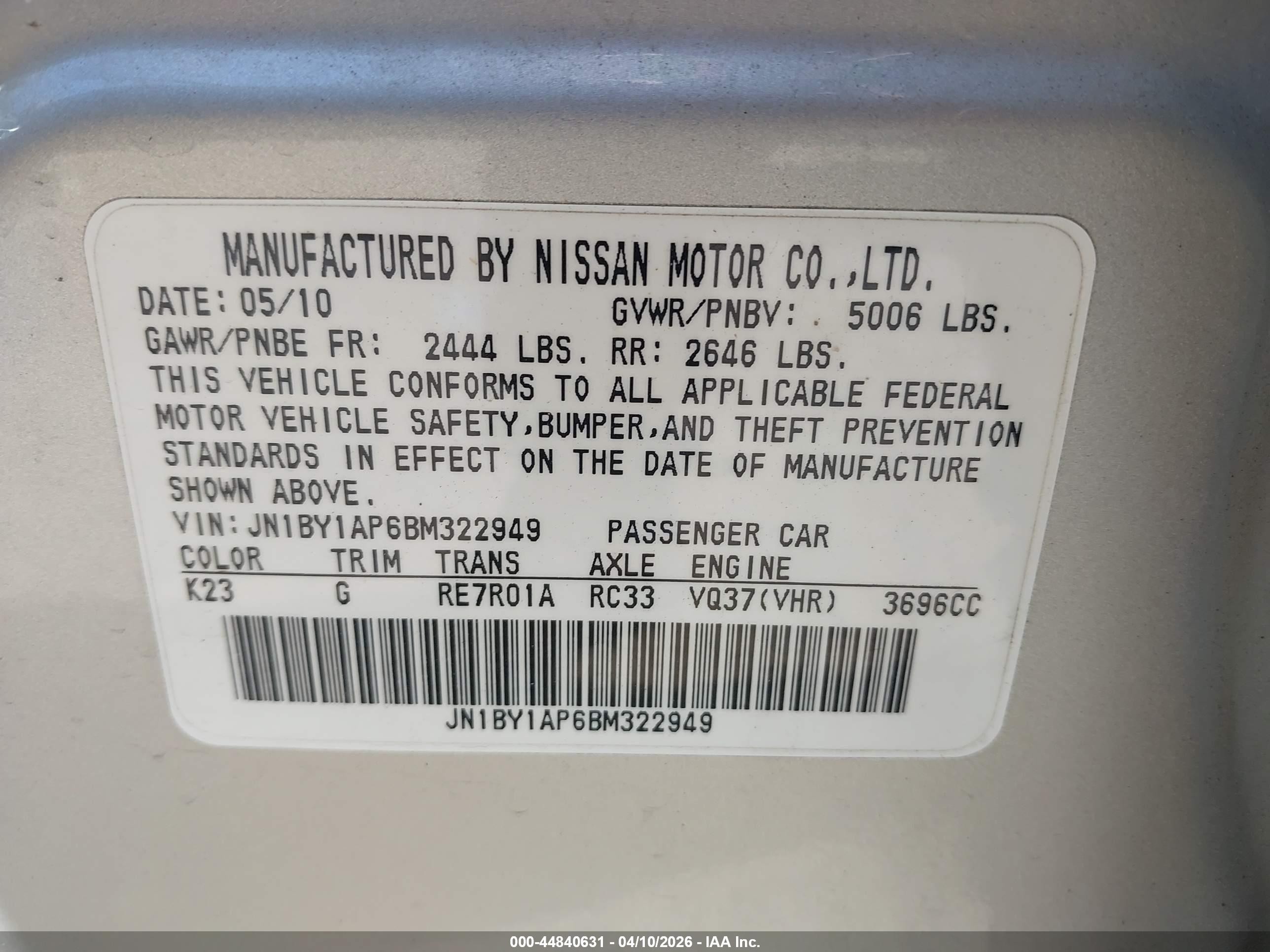 2011 Infiniti M37   Silver vin: JN1BY1AP6BM322949
