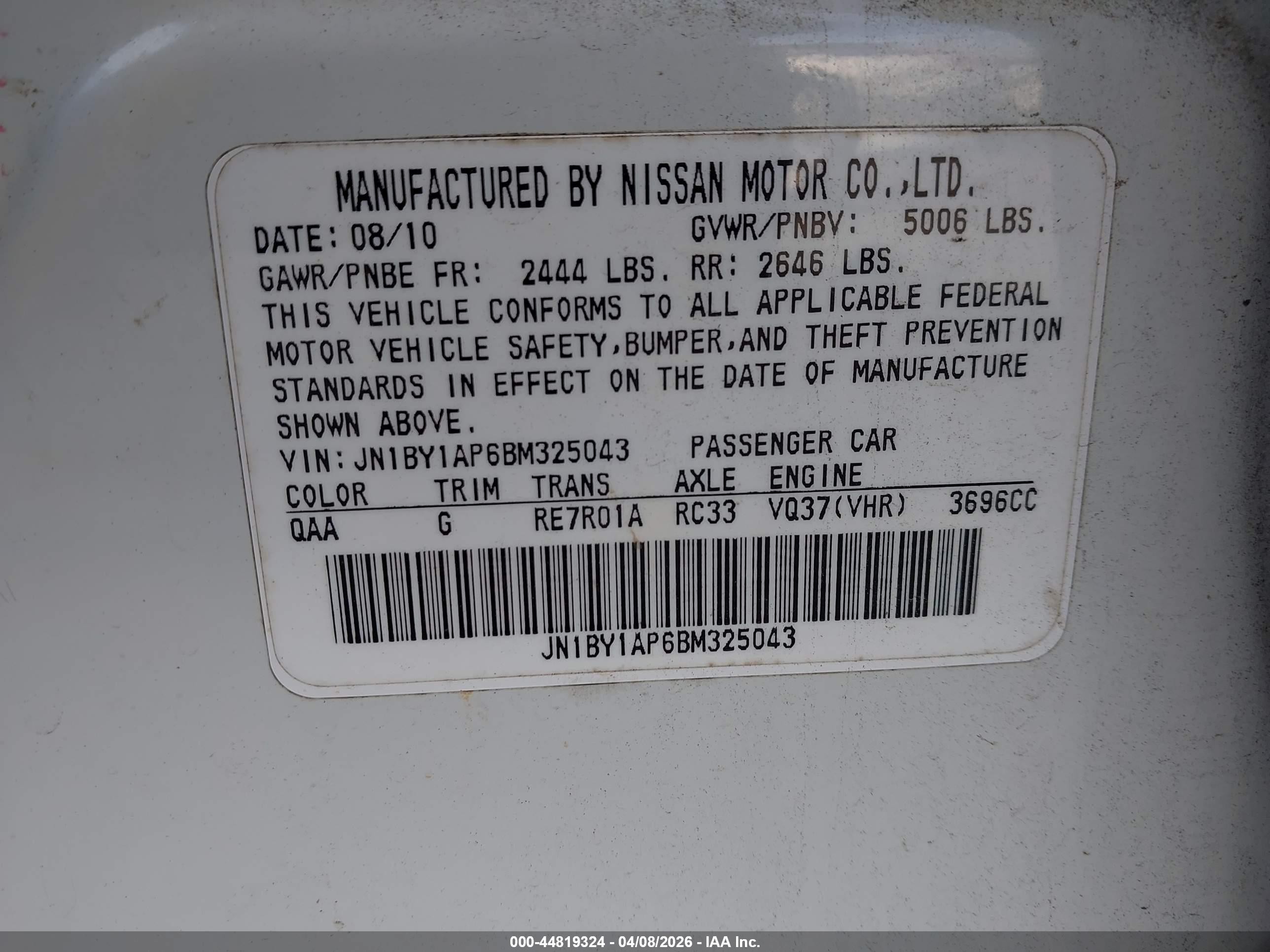 2011 Infiniti M37   White vin: JN1BY1AP6BM325043
