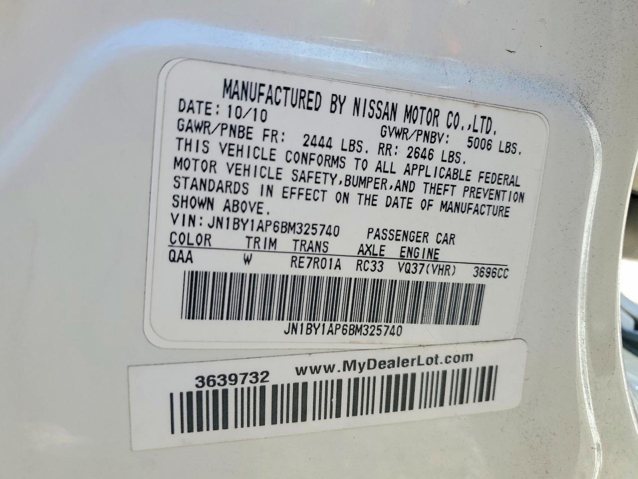 2011 Infiniti M37 Base White vin: JN1BY1AP6BM325740
