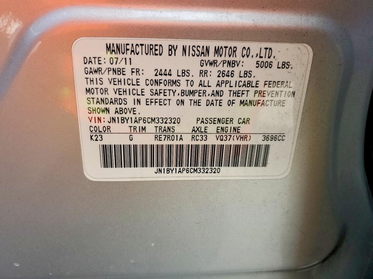 2012 Infiniti M37 Silver vin: JN1BY1AP6CM332320