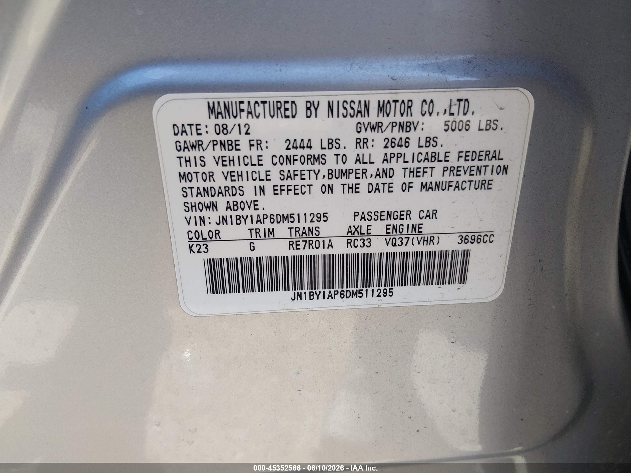 2013 Infiniti M37   Silver vin: JN1BY1AP6DM511295