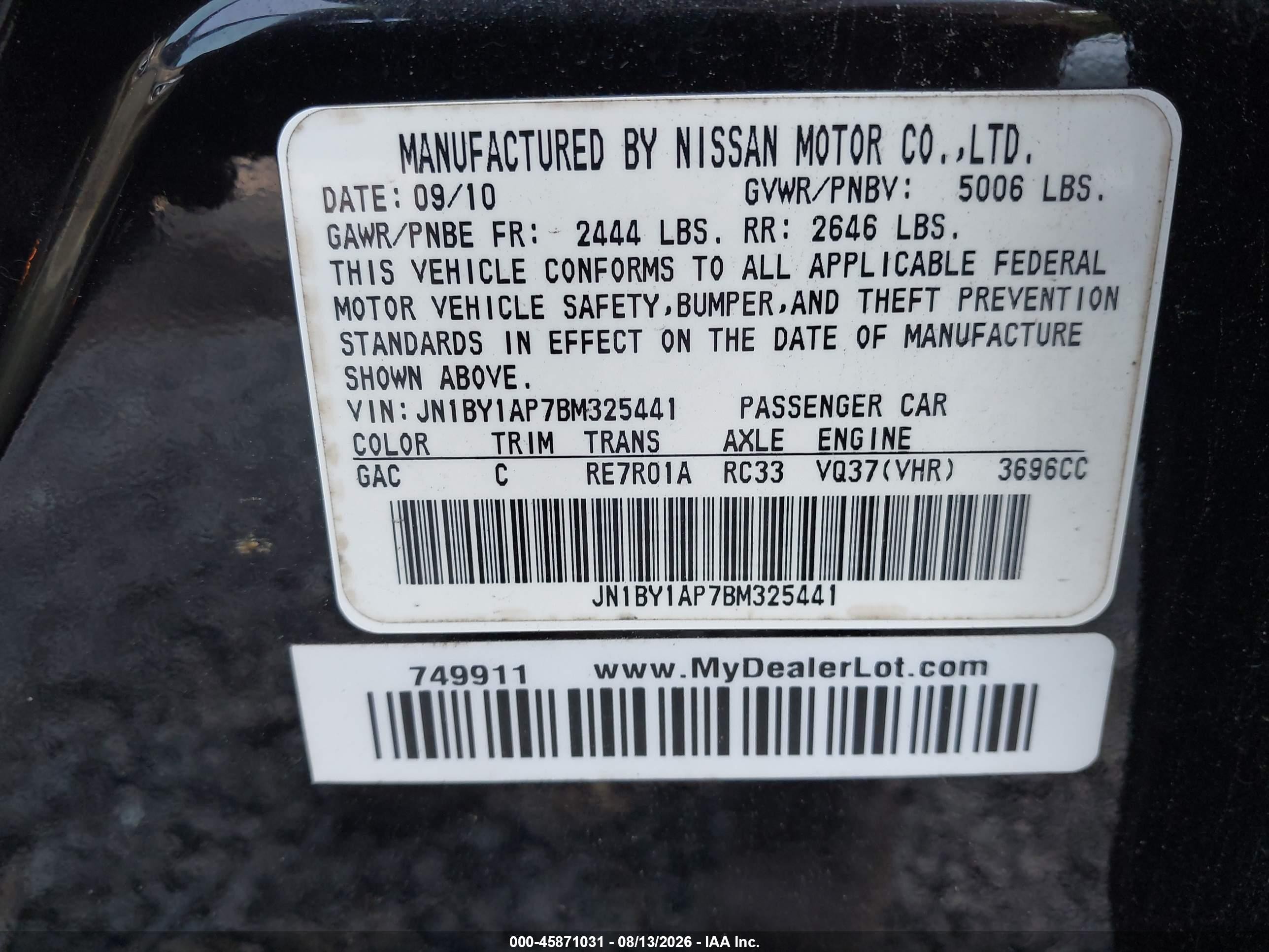 2011 Infiniti M37   Black vin: JN1BY1AP7BM325441
