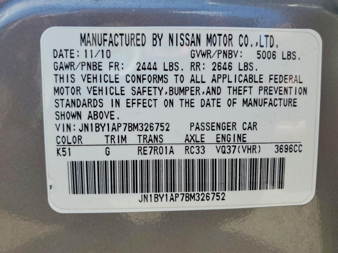2011 Infiniti M37 Base Silver vin: JN1BY1AP7BM326752